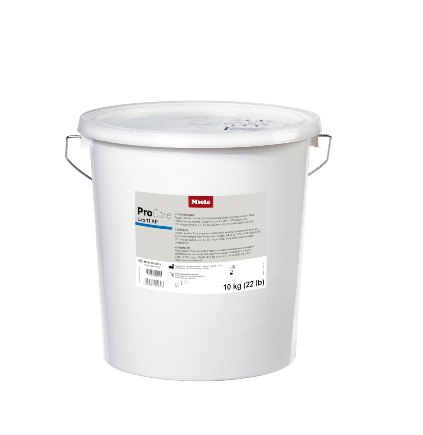 White plastic pail of Miele ProCare Lab 11 AP laboratory cleaning agent, 10 kg (22 lb), with label and metal handle.