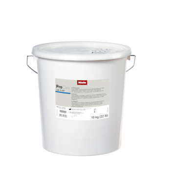 White plastic pail of Miele ProCare Lab 11 AP laboratory cleaning agent, 10 kg (22 lb), with label and metal handle.