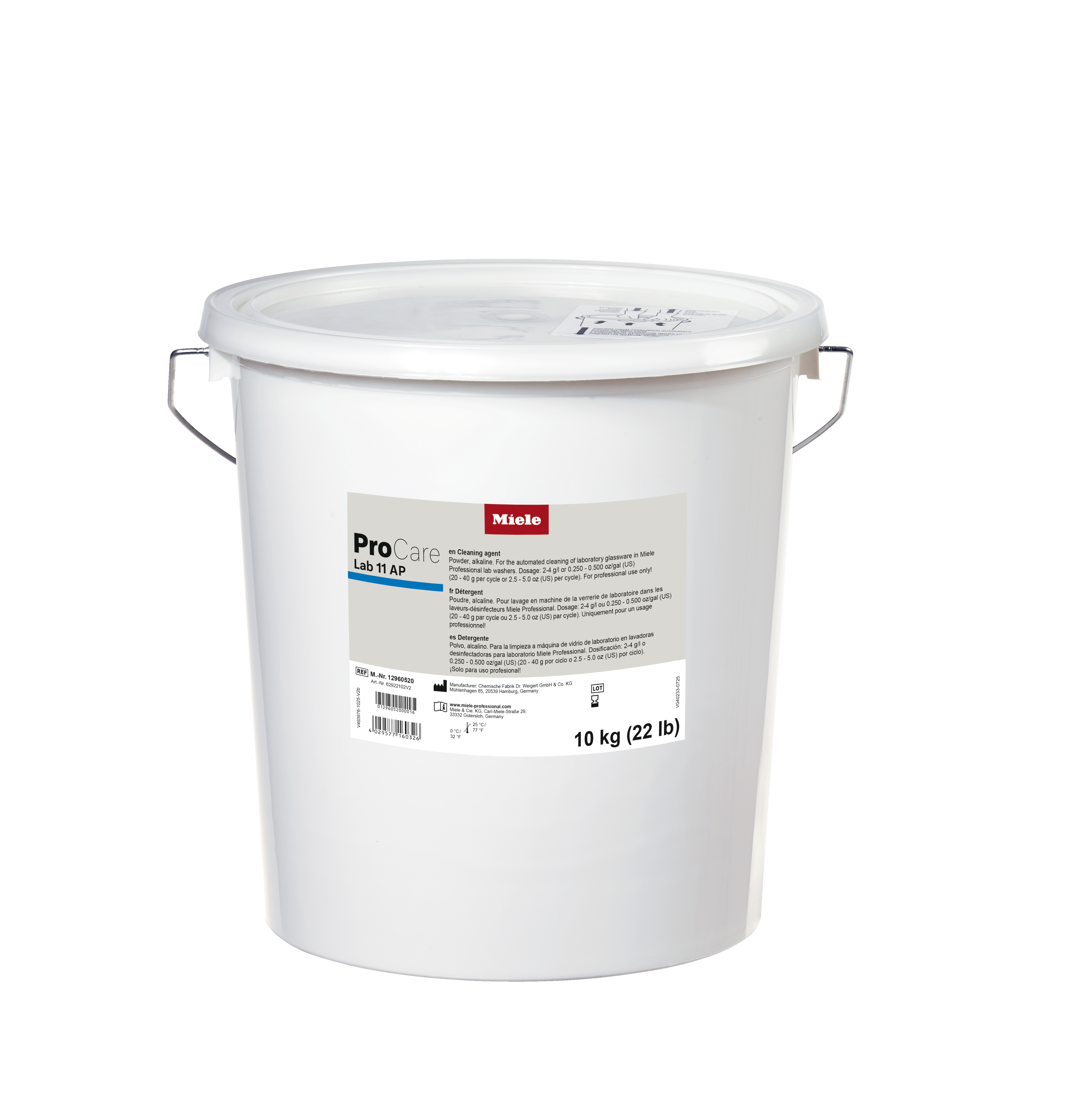 White plastic pail of Miele ProCare Lab 11 AP laboratory cleaning agent, 10 kg (22 lb), with label and metal handle.