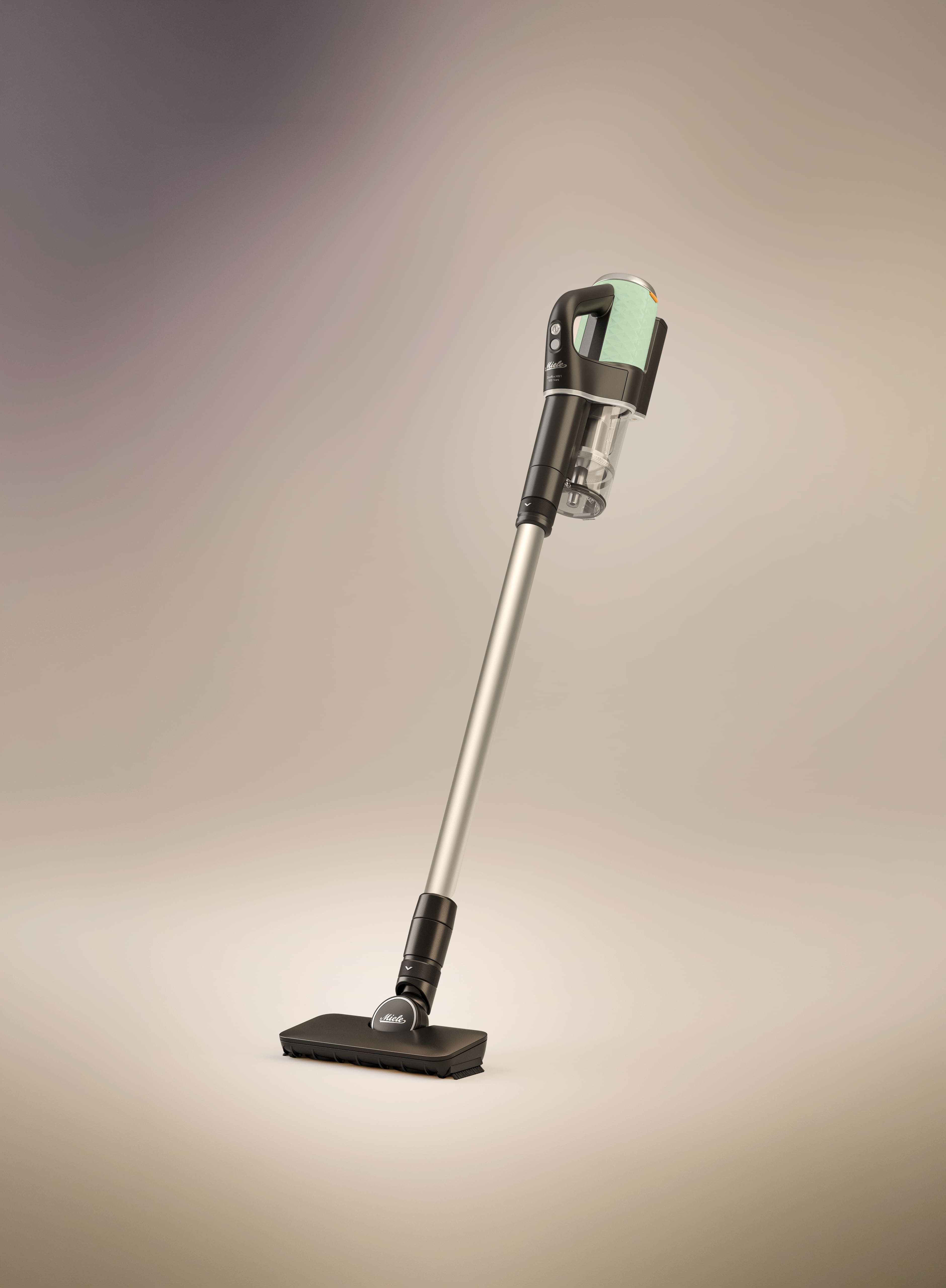 Eleganter kabelloser Stabstaubsauger mit abnehmbarem Behälter, auf neutralem Farbverlaufshintergrund für Produktwerbung gezeigt. Eleganter kabelloser Stabstaubsauger mit abnehmbarem Behälter, auf neutralem Farbverlaufshintergrund für Produktwerbung gezeigt.