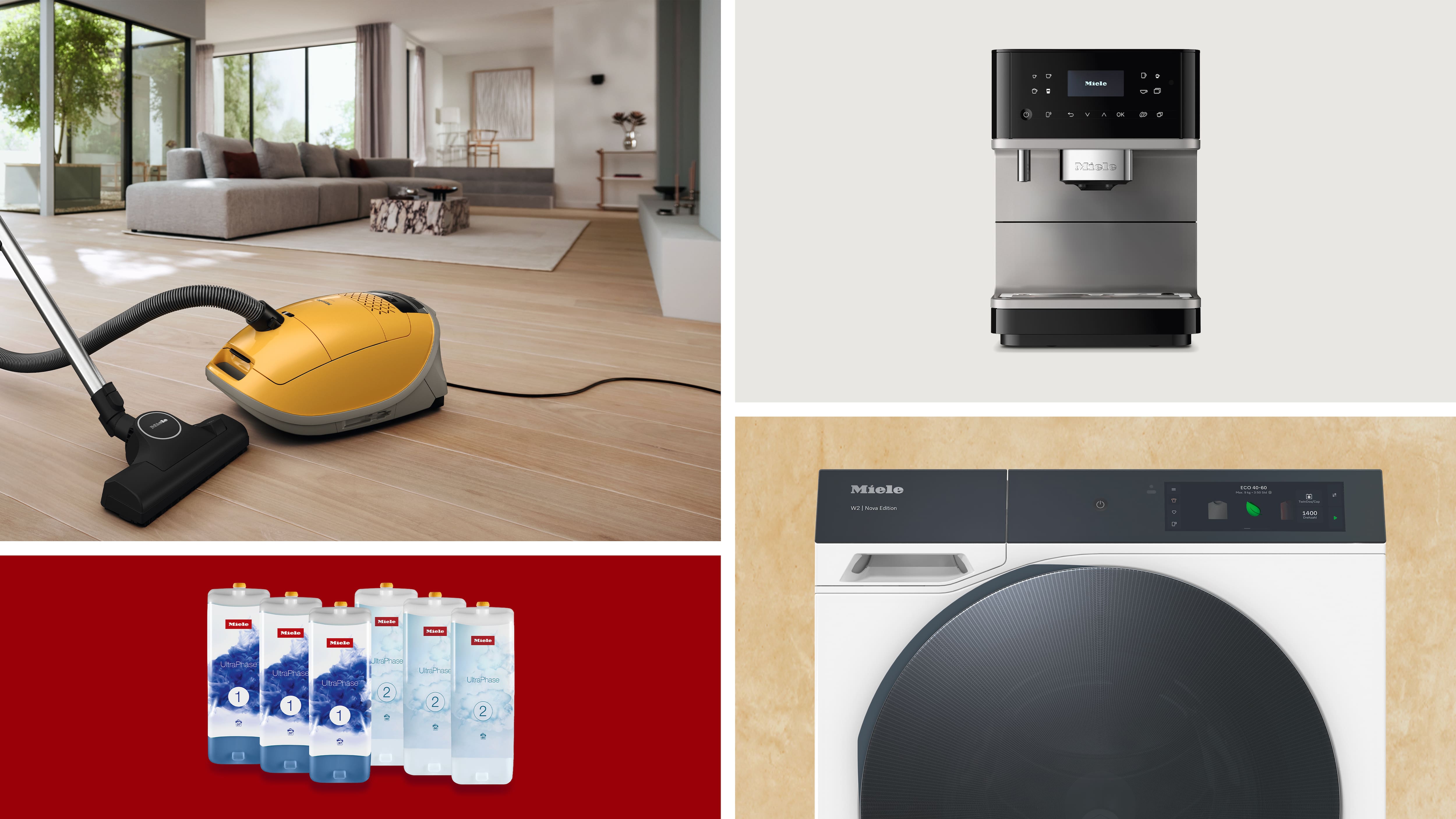 Miele Produktcollage mit Staubsauger, Geschirrspüler, Waschmaschine und Reinigungsprodukten. Miele Produktcollage mit Staubsauger, Geschirrspüler, Waschmaschine und Reinigungsprodukten.