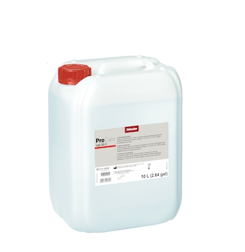 Two images of a 10-liter Miele ProCare Lab 30 C lab cleaning agent canister with red cap and label on white background.