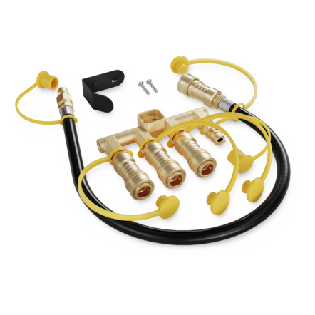 Brass multi-port quick-connect manifold kit with hoses, protective caps, mounting bracket, and screws for gas line connections.