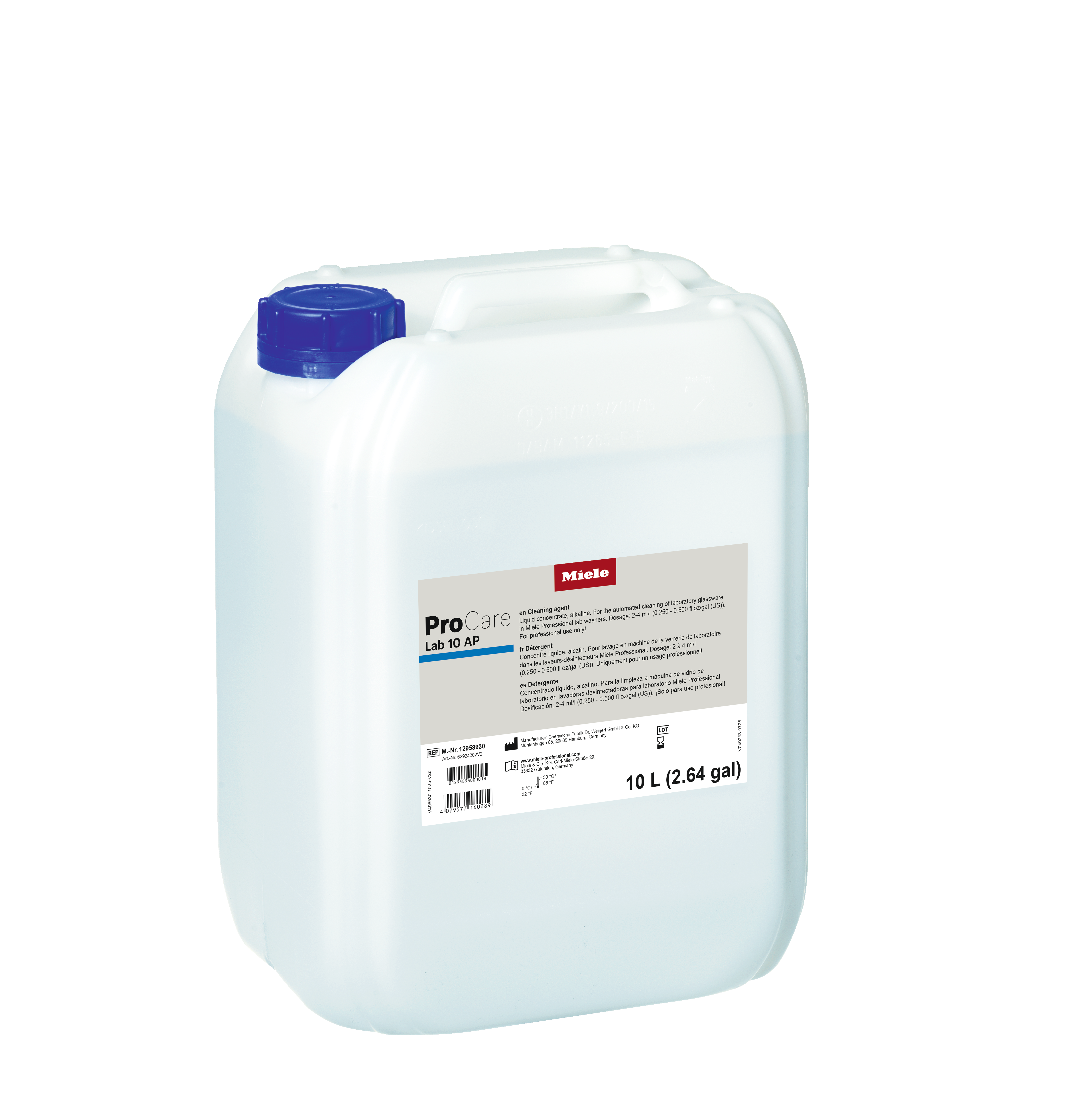 10 L Miele ProCare Lab 10 AP canister—alkaline lab glassware cleaning agent with blue cap product packshot.