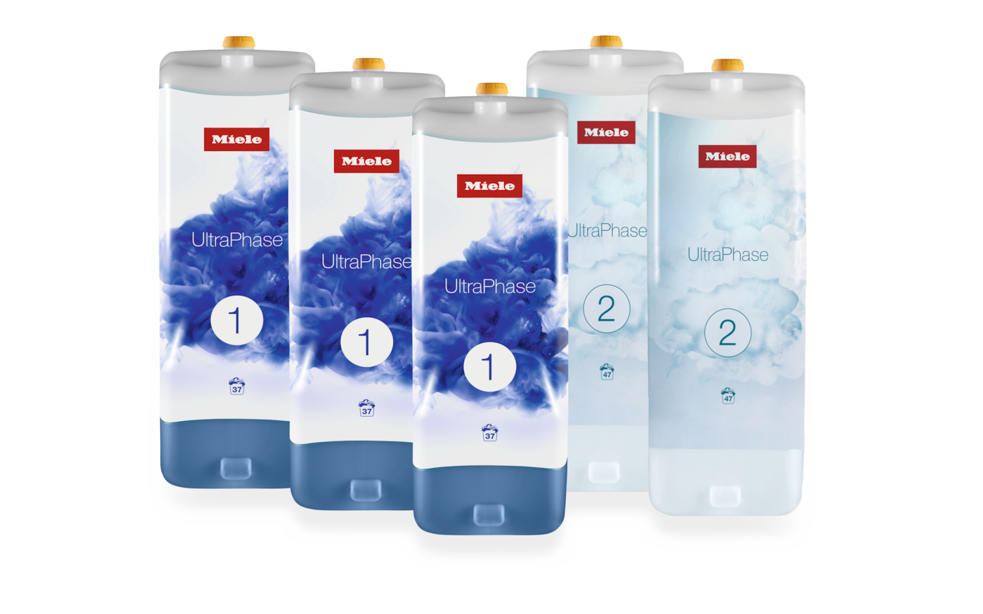 Set 5 UltraPhase - Запаси за половин година: 3 x UltraPhase 1 Aqua и 2 x UltraPhase 2 Пет касети за перилен препарат Miele UltraPhase, три с етикет "1" и две с етикет "2".