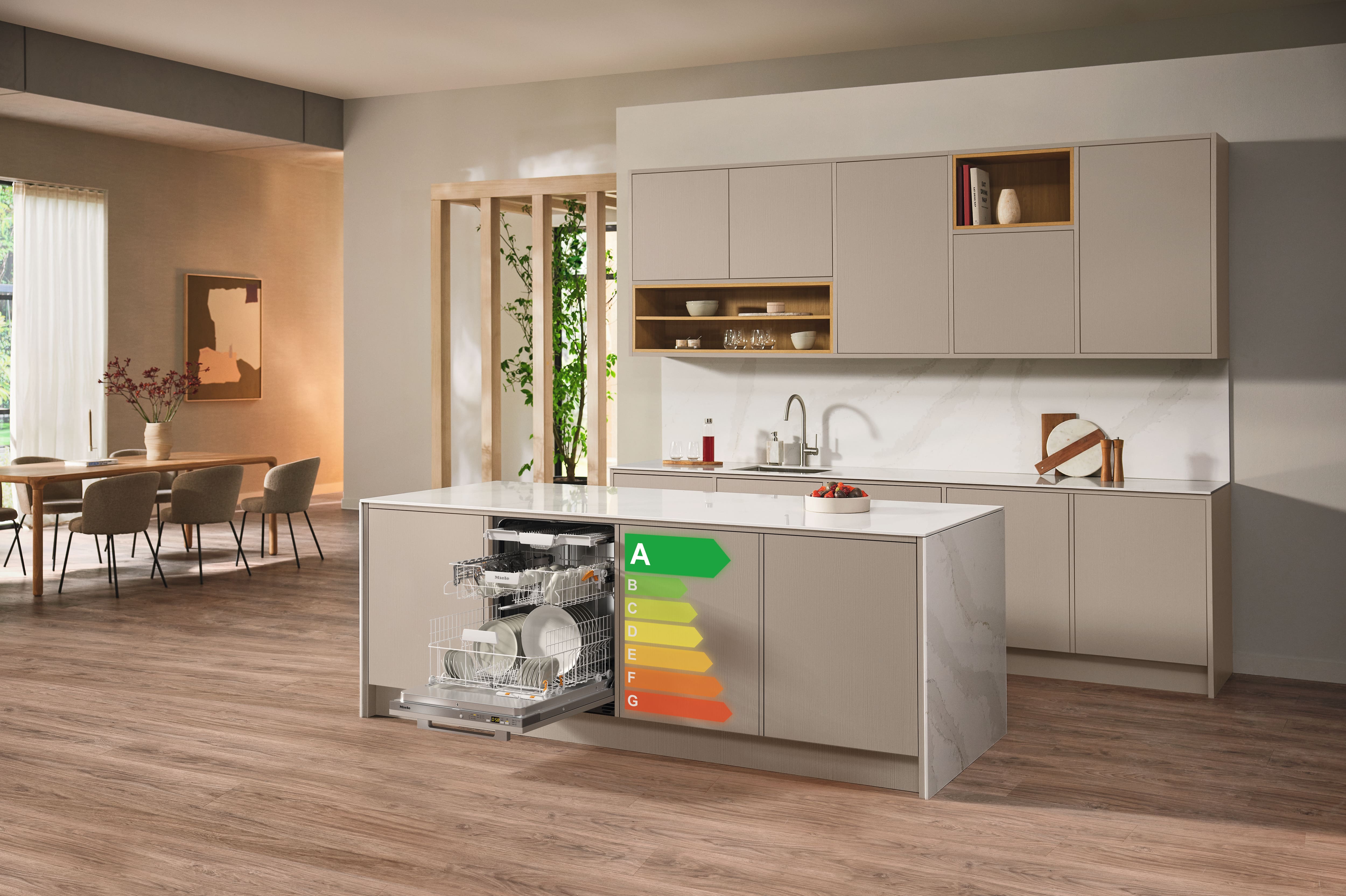 Miele Geschirrspüler in einer hellen, modernen Küche mit Energieeffiziensklassen