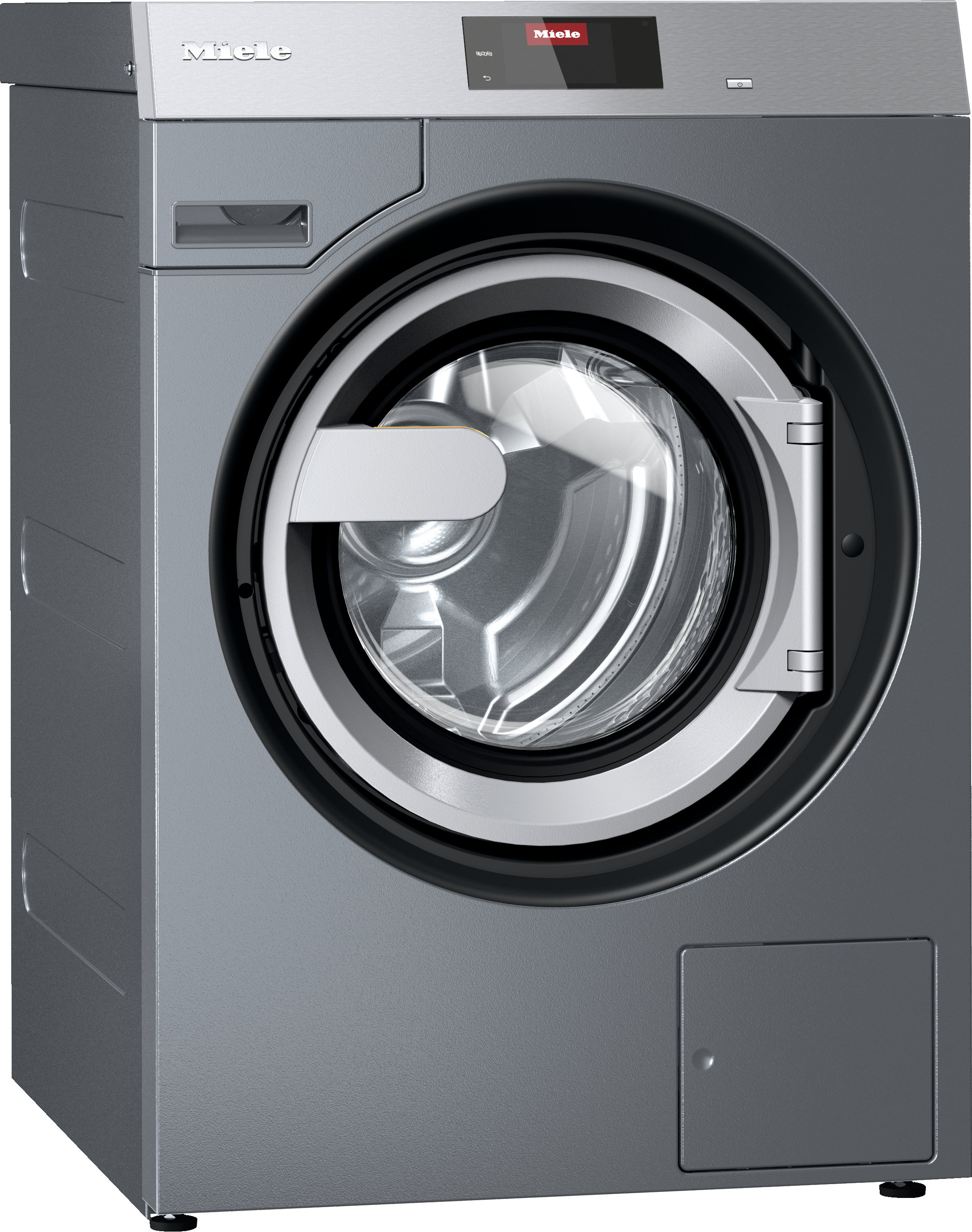 Miele front‑loading washing machine with a round glass door and top digital display panel in gray finish.