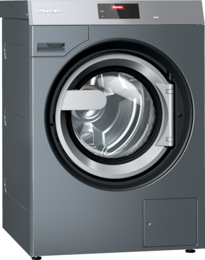Miele front‑loading washing machine with a round glass door and top digital display panel in gray finish.