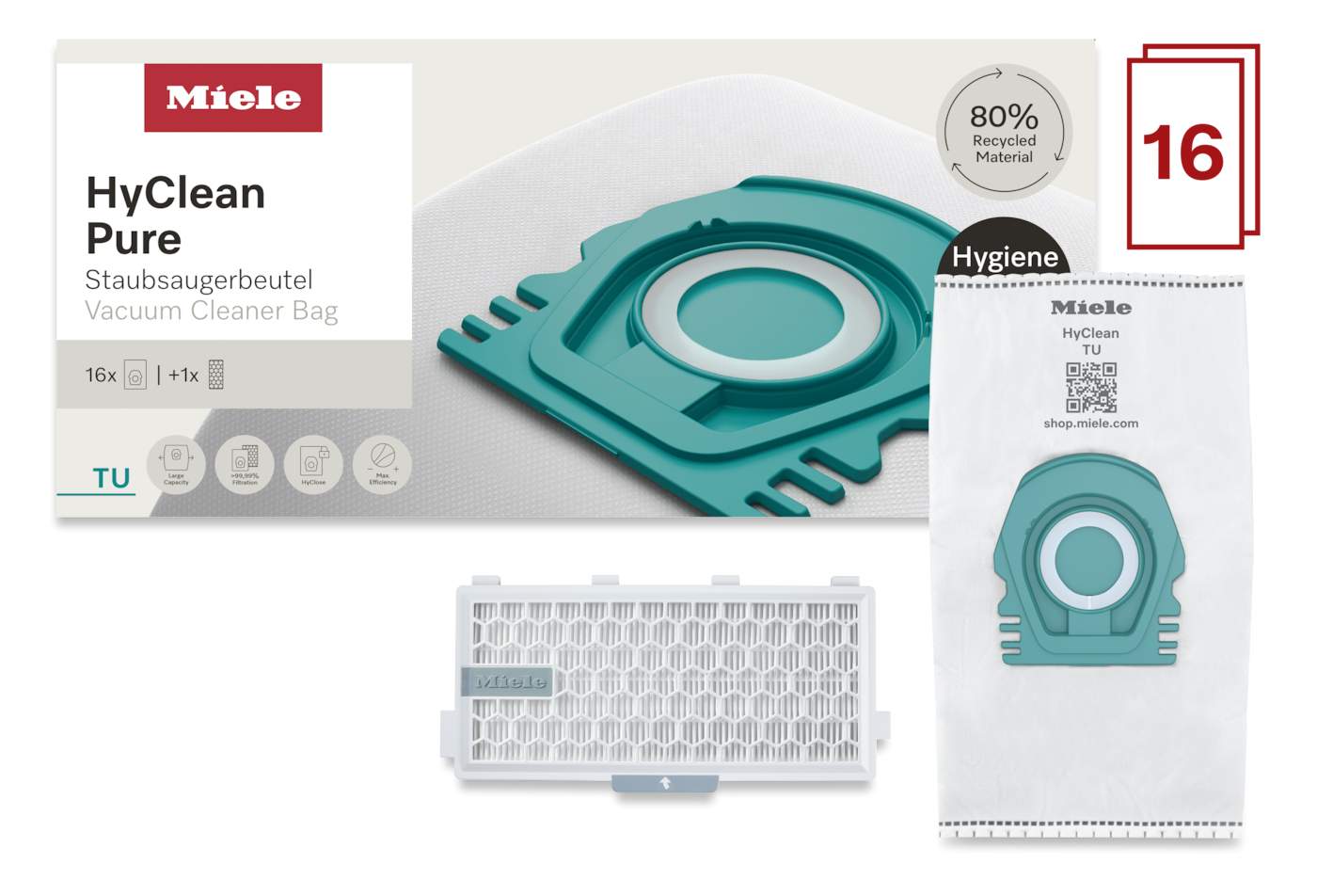 Hygiene XXL-Pack TU HyClean - 16 vacuum cleaner bags and 1 HEPA filter. Factual image