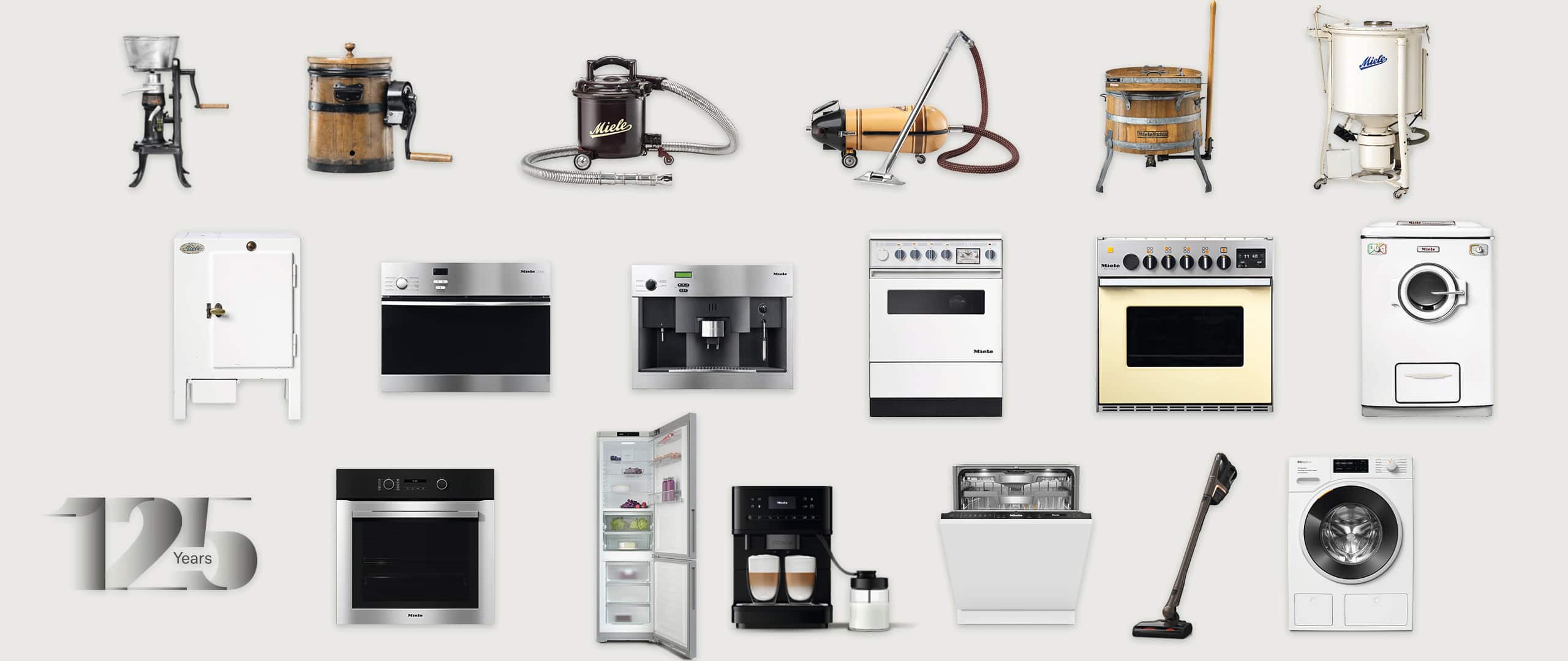 Zeitstrahl-Collage von Miele-Hausgeräten – von den frühen Modellen bis zu modernen Geräten – anlässlich 125 Jahre Miele.