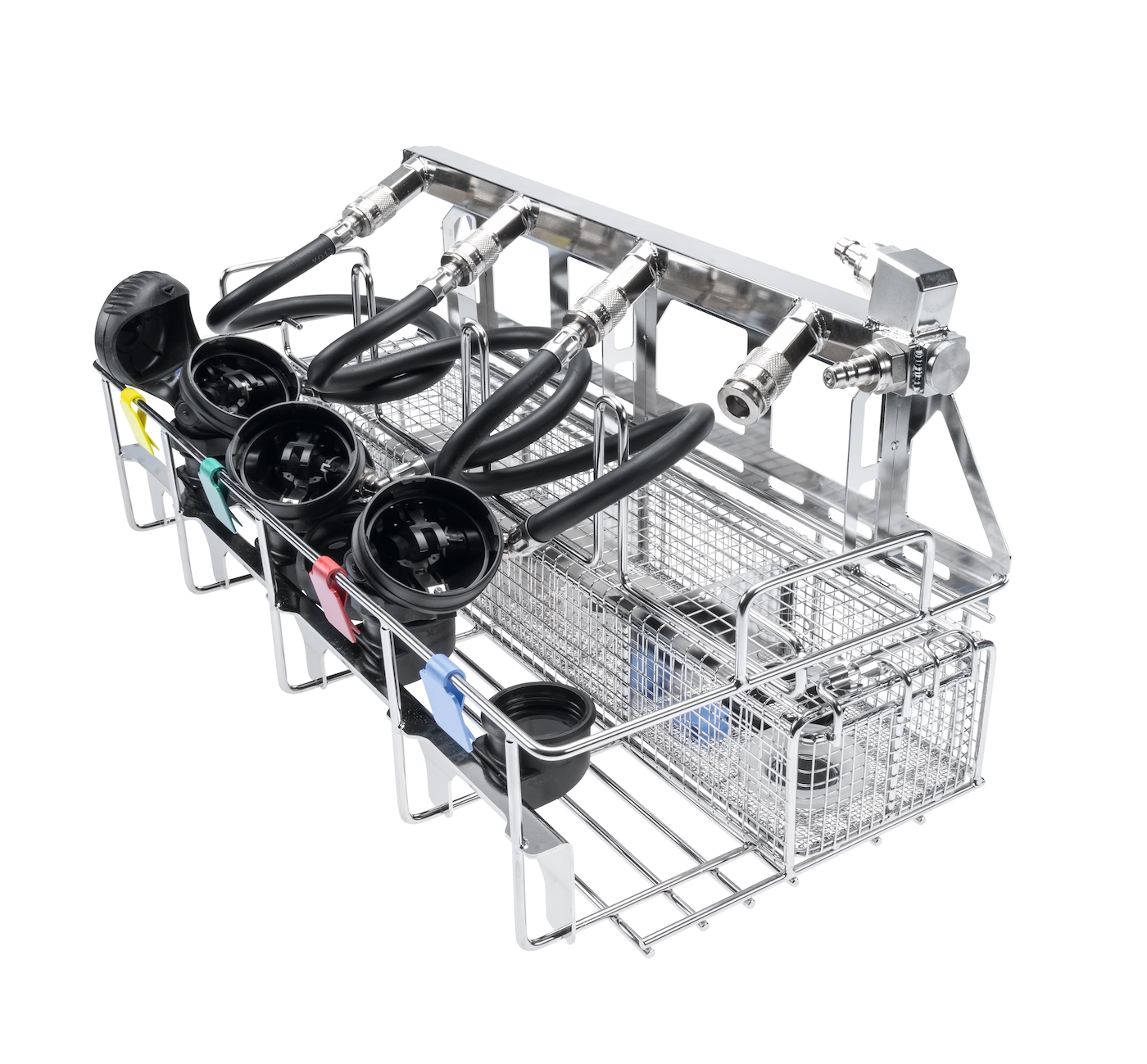 Stainless steel endoscope reprocessing basket with multiple hoses, quick-connect fittings, wire trays, and color-coded holders for cleaning.