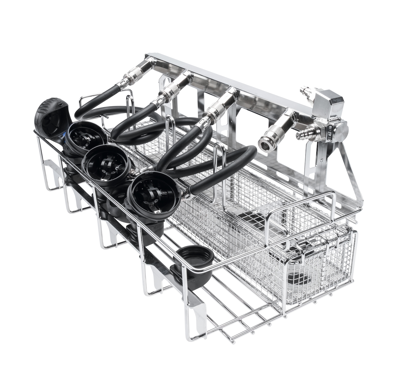 Stainless steel instrument washer rack with hose connectors and wire baskets for cleaning medical tubing and parts.