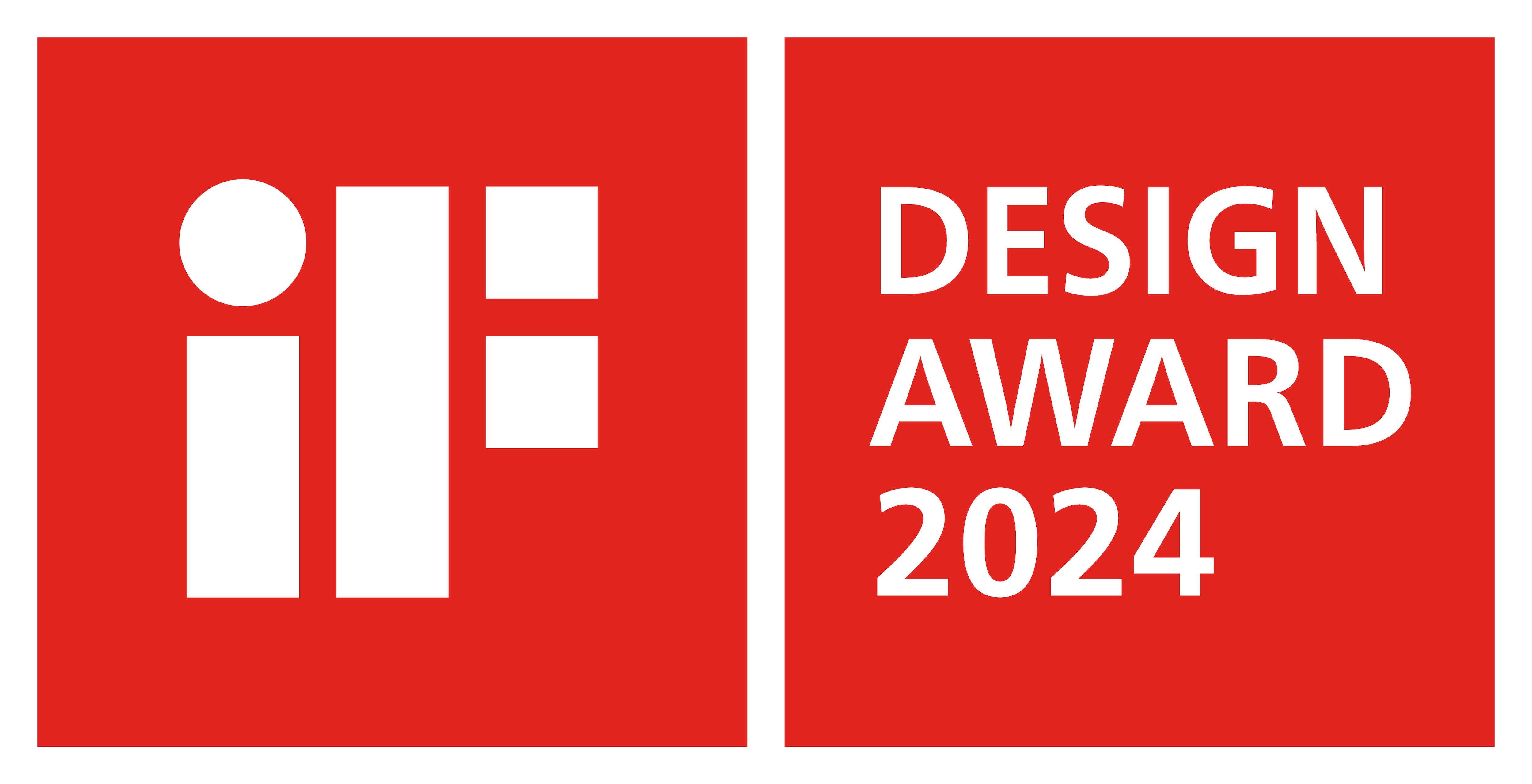Czerwono-białe logo iF Design Award 2024 z napisem "iF" po lewej stronie i "DESIGN AWARD 2024" po prawej stronie.