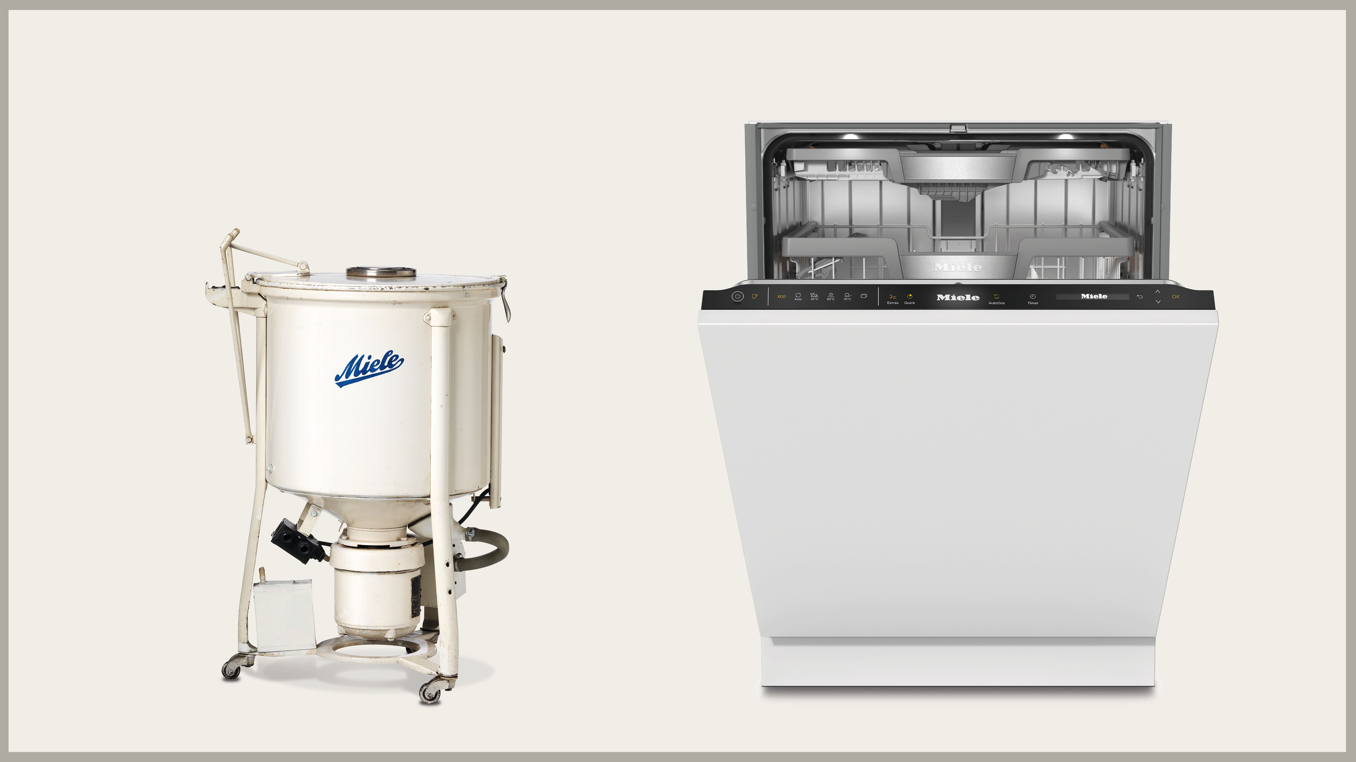 Frontansicht einer historischen Miele-Waschmaschine mit rundem Bullauge und zwei Drehknöpfen, freigestellt auf weissem Hintergrund.