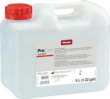 5 L Miele ProCare Lab 30 P neutralising agent in translucent jug with red cap, for professional lab glassware cleaning.
