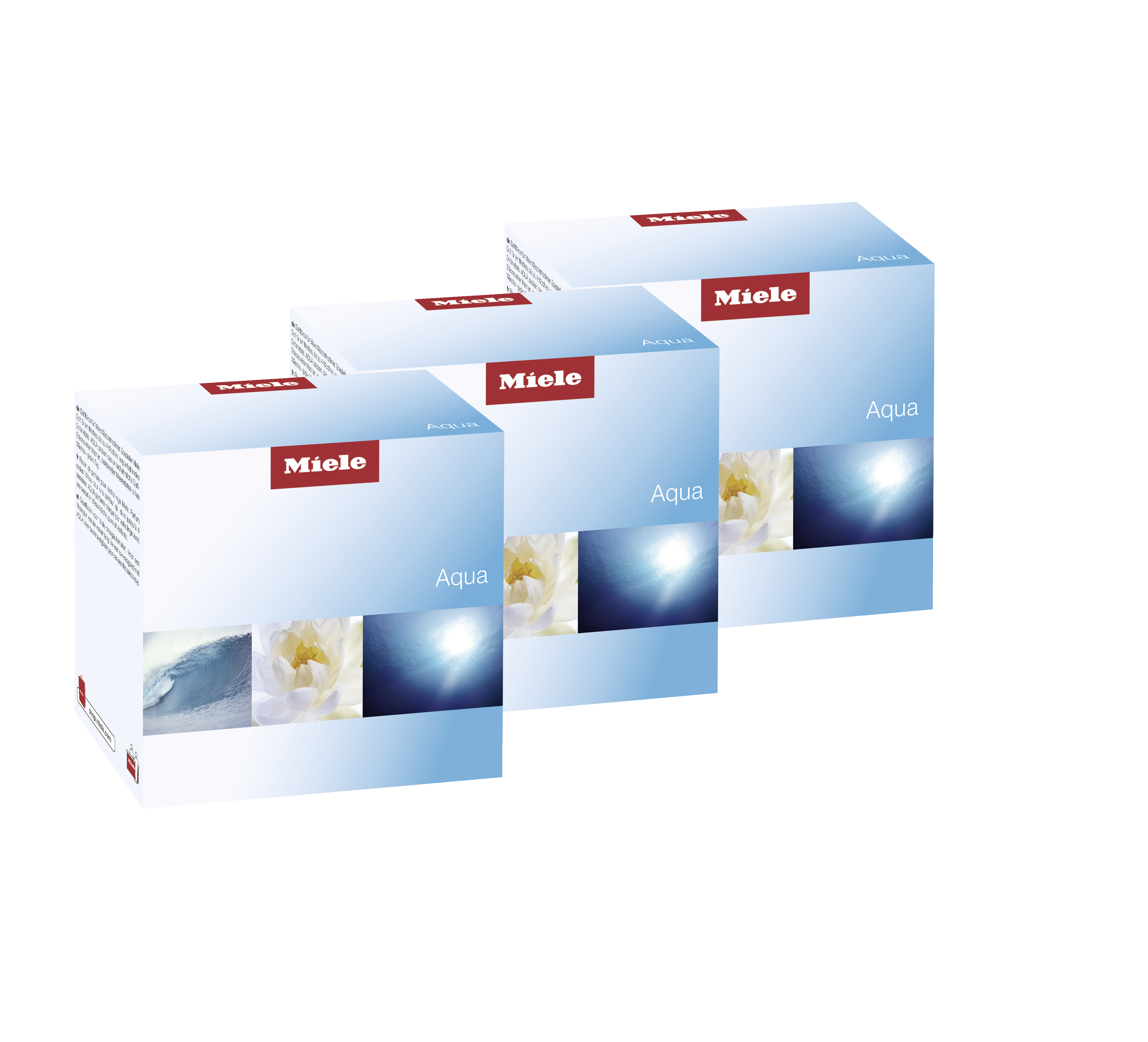 Three Miele Aqua blue detergent boxes displayed in perspective.