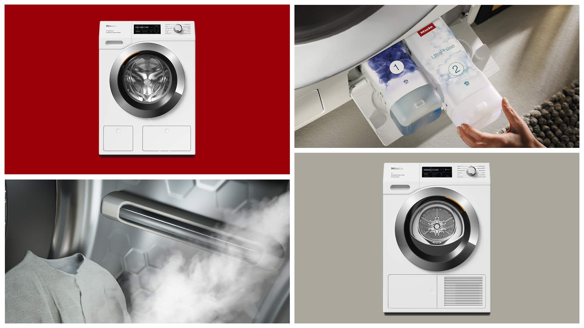 Collage van moderne Miele wasapparaten: voorlader wasmachine, droger, TwinDos wasmiddelpakketten en stoomverzorging.