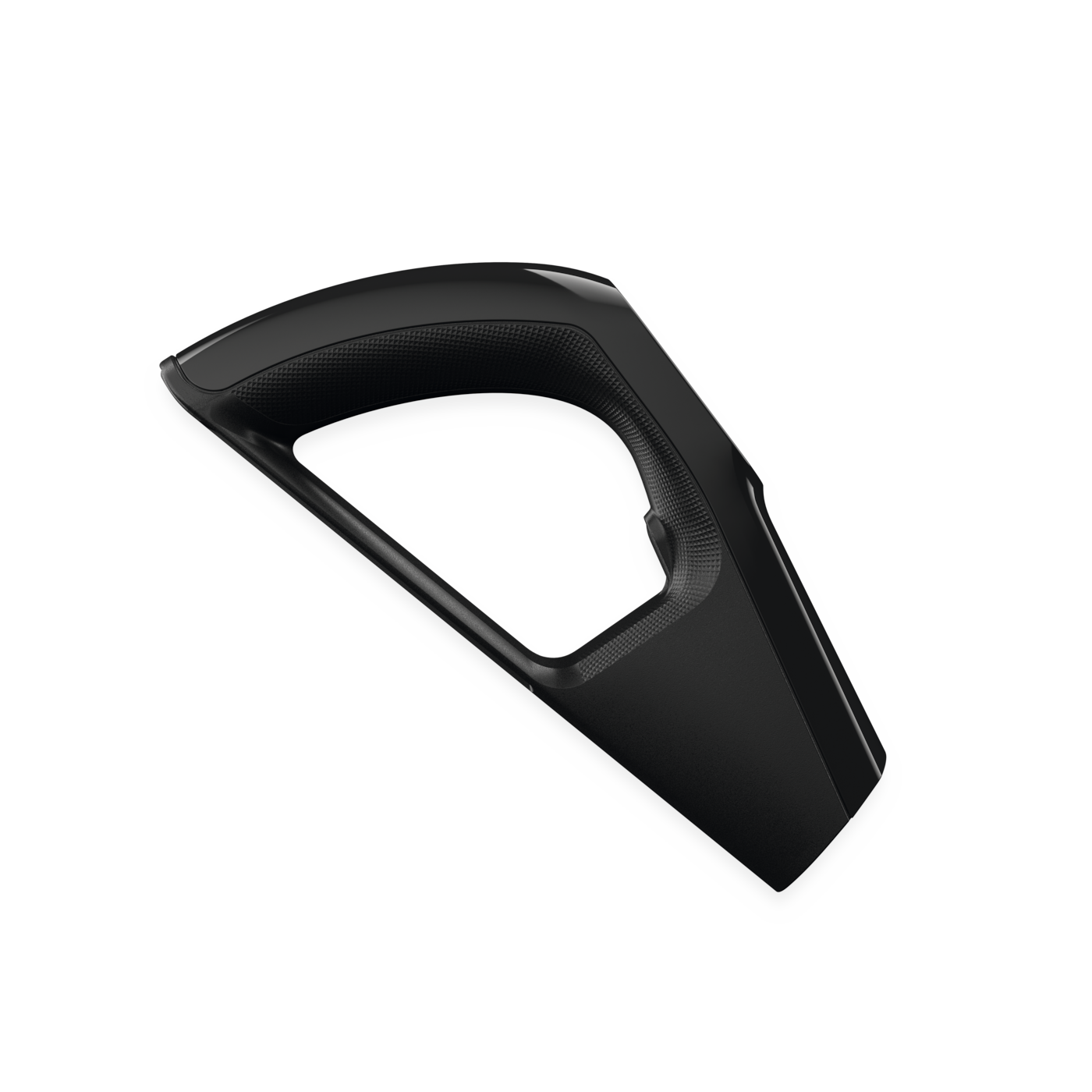 Handle OBSW assy - Ergonomic black triangular handle or clip, isolated on white, highlighting textured grip for secure carrying.