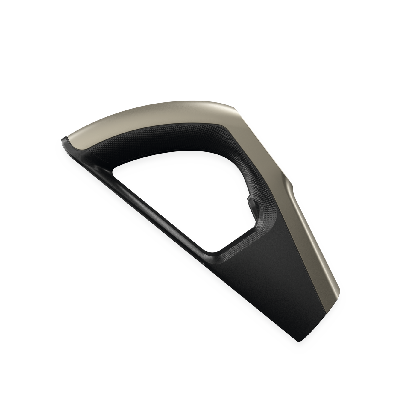 Handle TIPF assy - Sleek D-shaped carabiner clip in black and gray with textured grip and white gate, isolated on white background.