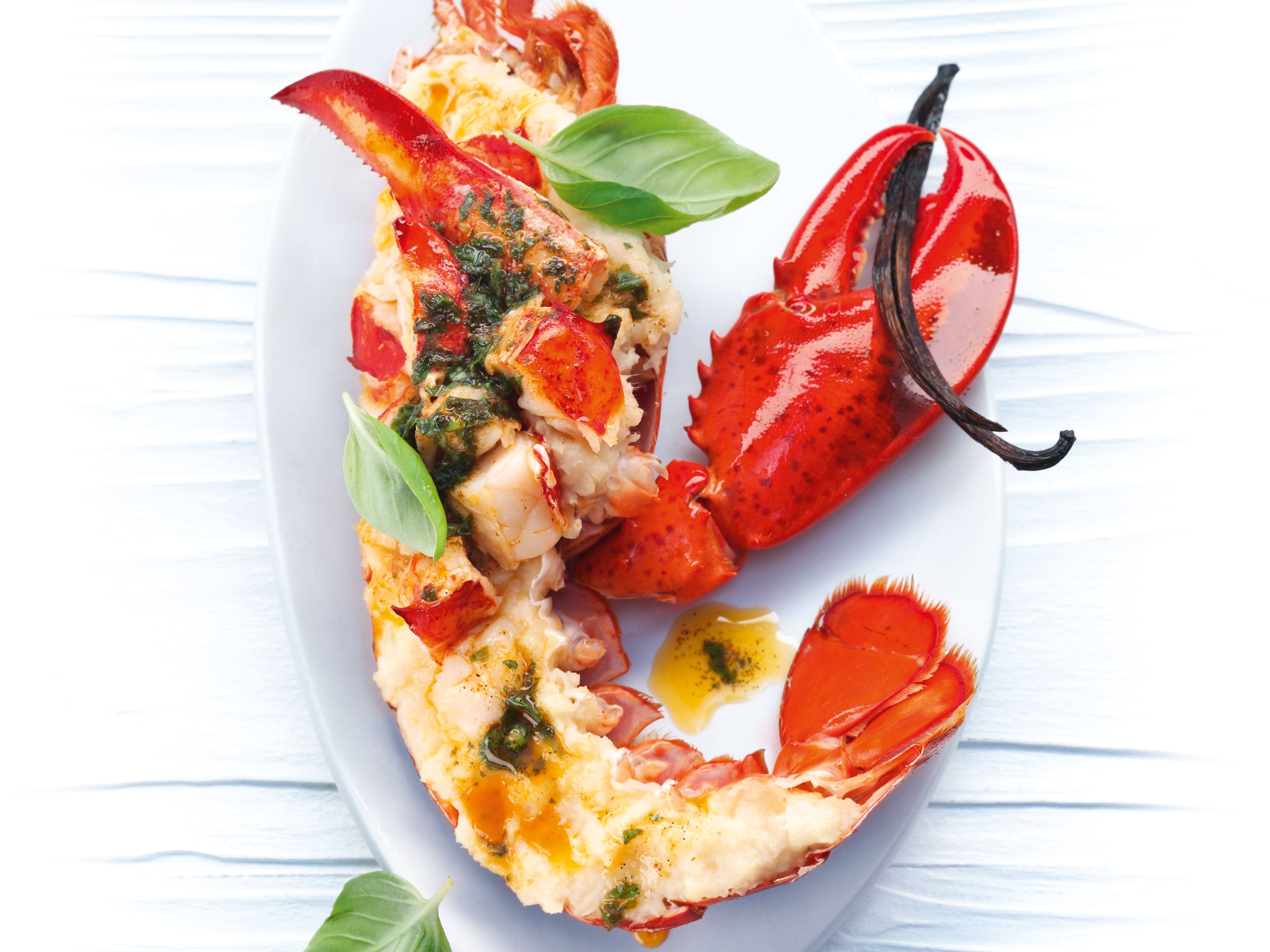 Split cooked lobster with claws on a white plate, drizzled with herb butter and garnished with fresh basil leaves. Split cooked lobster with claws on a white plate, drizzled with herb butter and garnished with fresh basil leaves.