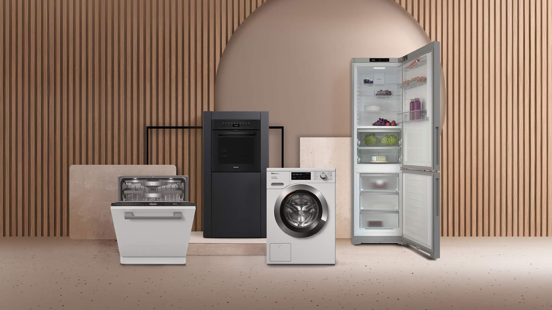 Modern kitchen scene showcasing dishwasher, built-in oven, washing machine, and open fridge against wood slat wall. Modern kitchen scene showcasing dishwasher, built-in oven, washing machine, and open fridge against wood slat wall.