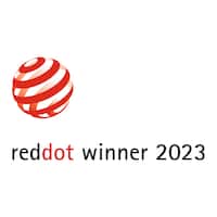 Logo víťaza Red Dot 2023 s emblémom gule s červenou stuhou a textom "reddot winner 2023".