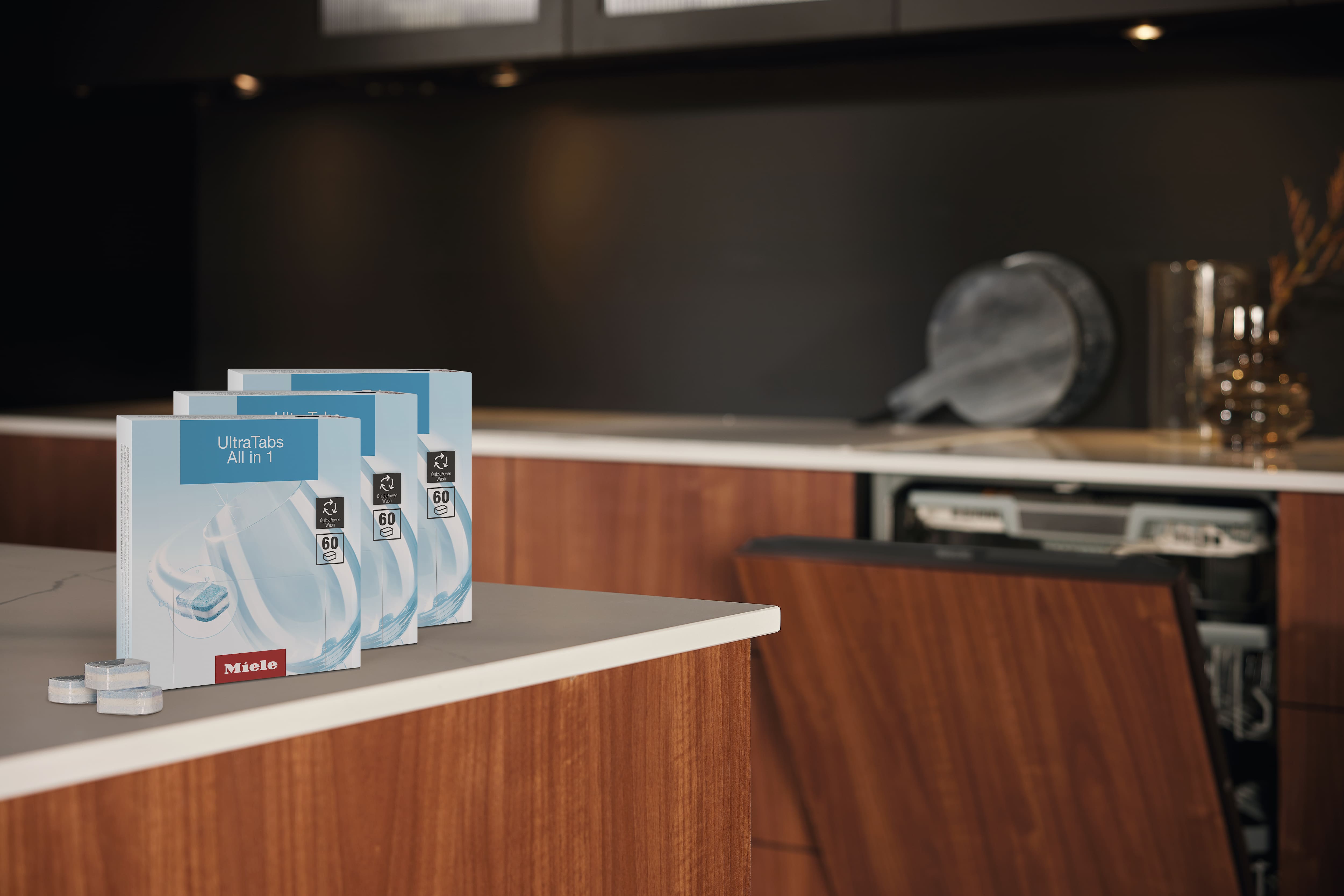 Miele UltraTabs All in 1 ECO on display on kitchen counter Miele UltraTabs All in 1 ECO on display on kitchen counter