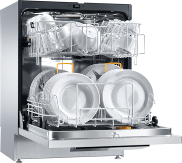 Open dishwasher with upper and lower racks loaded with white plates, bowls, and glasses, highlighting interior capacity and layout.