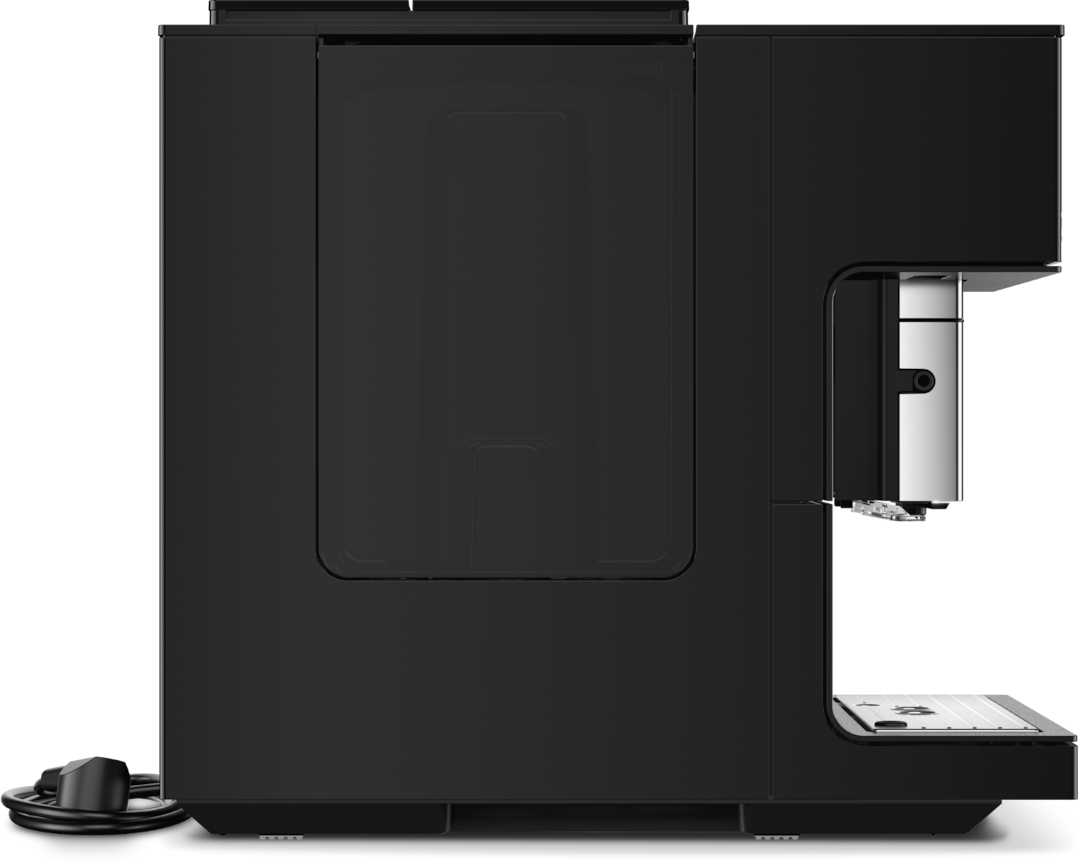 Miele official side view of the black CM 7750 CoffeeSelect showing its deep cabinet, water-side panel and power cord
