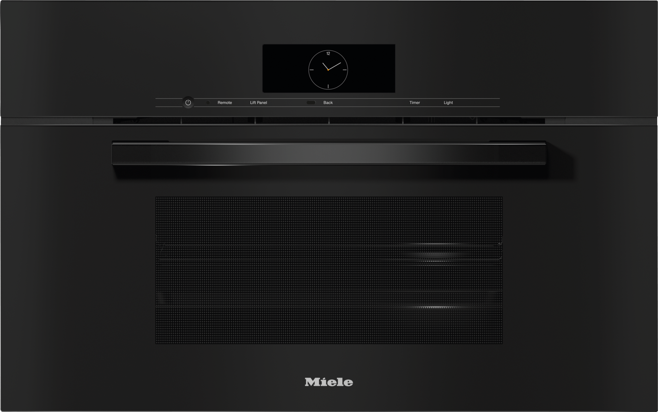 Forno embutido Miele preto, vista frontal, com painel de controle digital e janela de ventilação na porta. Forno embutido Miele preto, vista frontal, com painel de controle digital e janela de ventilação na porta.