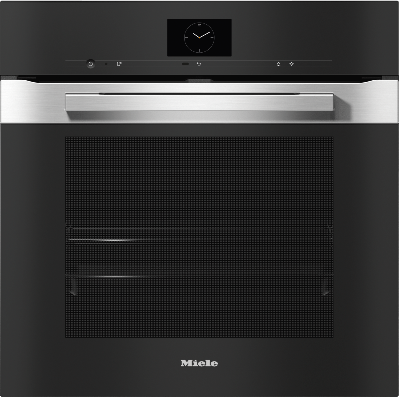 Vista frontal de um forno embutido Miele preto com display digital, alça de aço inoxidável e porta de vidro perfurado.