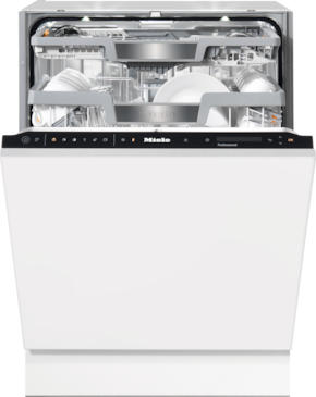 Open integrated Miele dishwasher showing upper and lower racks filled with plates, bowls, and glassware, controls lit on a white panel.