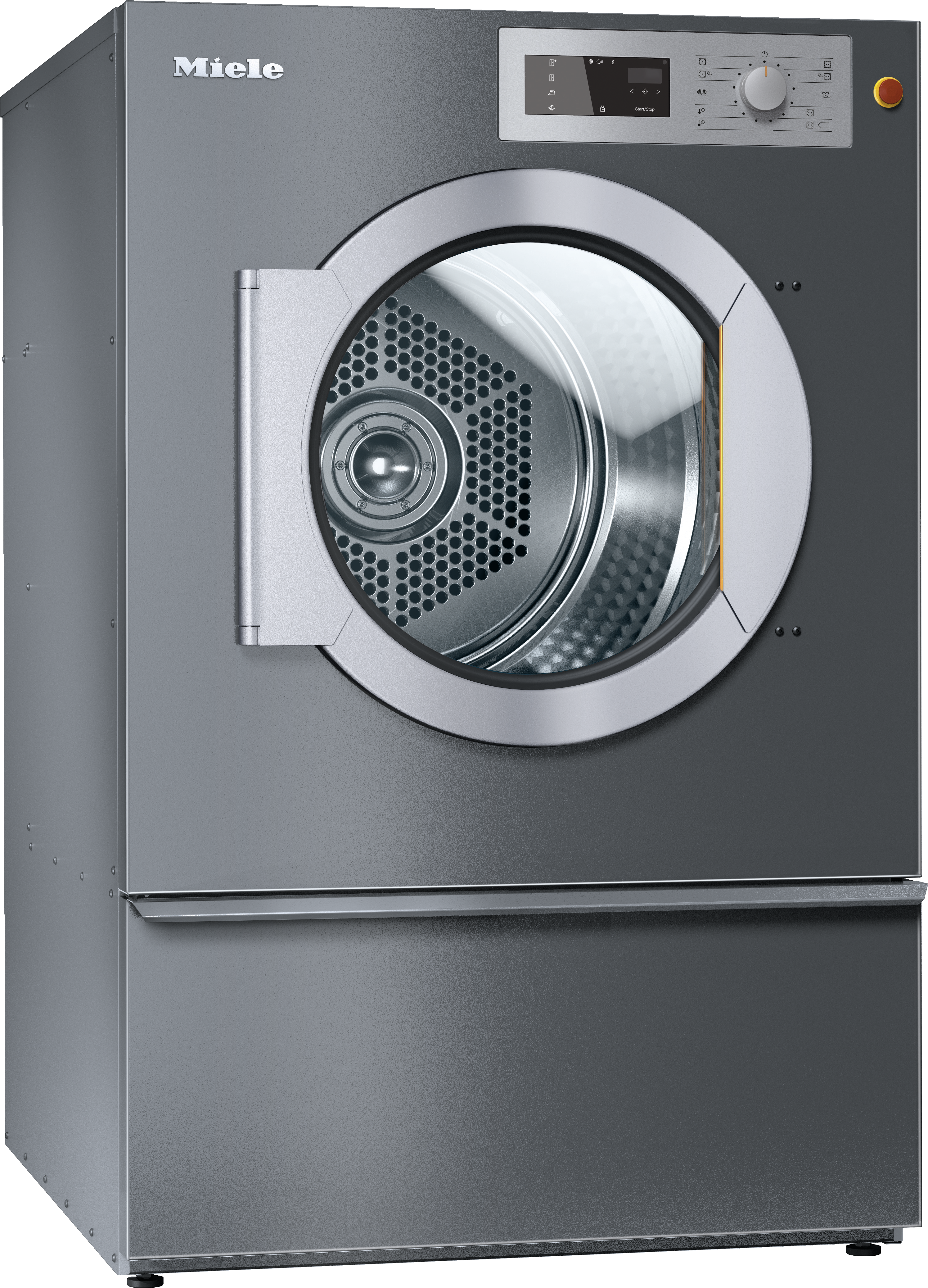 Front view of a gray Miele front-loading tumble dryer with round glass door and digital control panel.