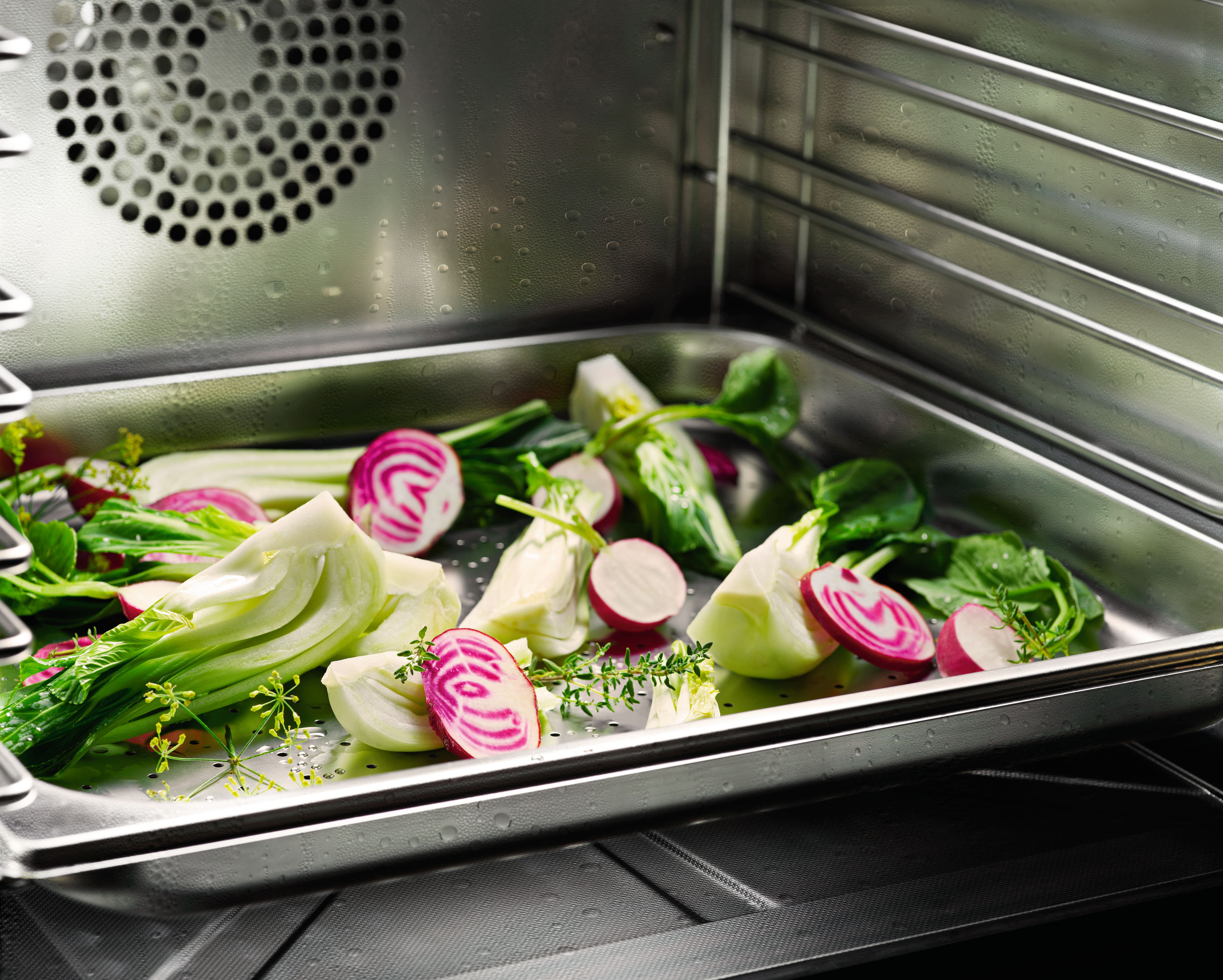 Fresh bok choy, radishes, fennel, and herbs in a stainless tray inside a steam oven, prepped for steaming. Fresh bok choy, radishes, fennel, and herbs in a stainless tray inside a steam oven, prepped for steaming.