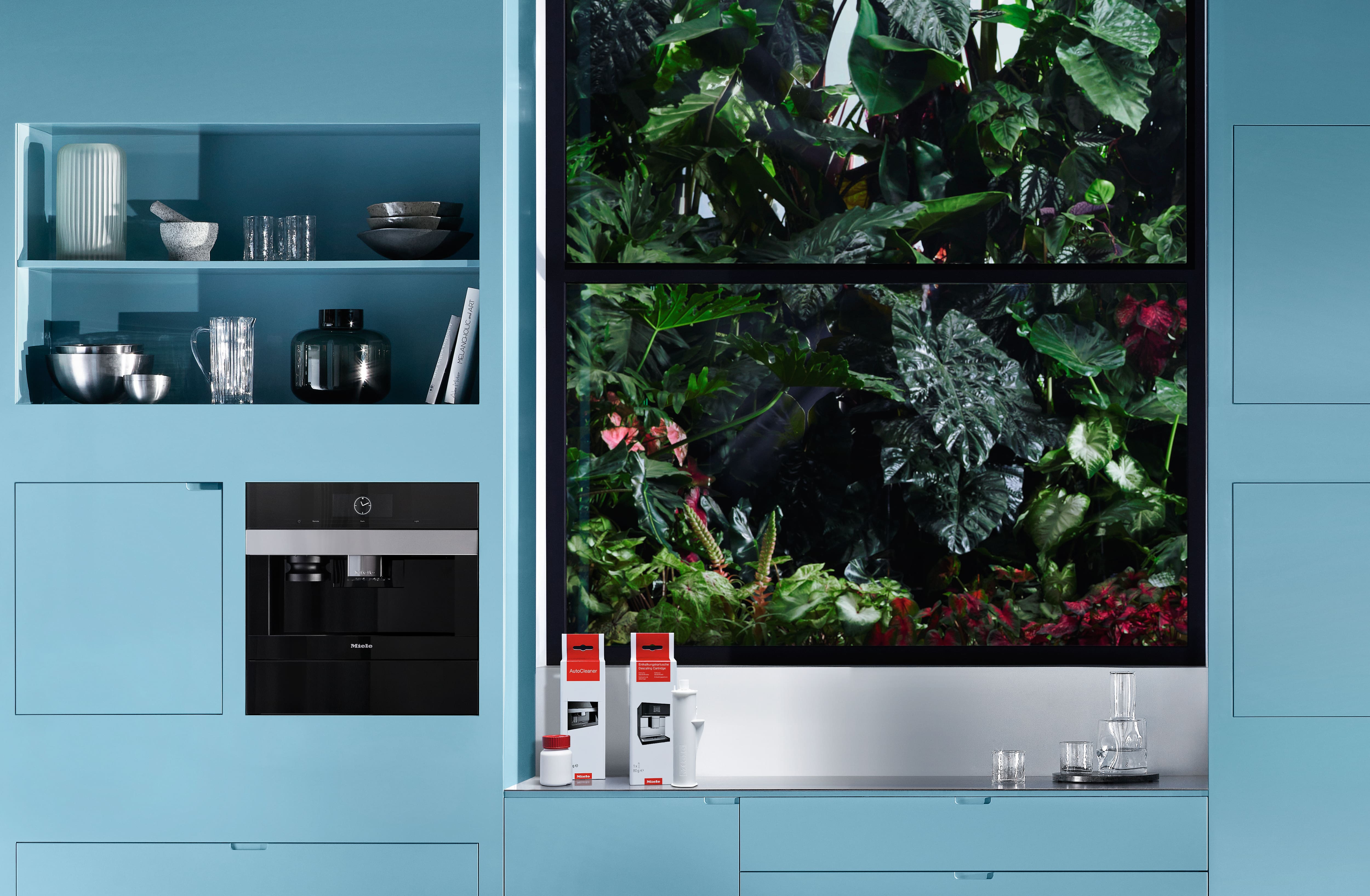 Modern blue kitchen with built-in coffee machine, open shelves of dishes, and a window framing lush green foliage. Modern blue kitchen with built-in coffee machine, open shelves of dishes, and a window framing lush green foliage.