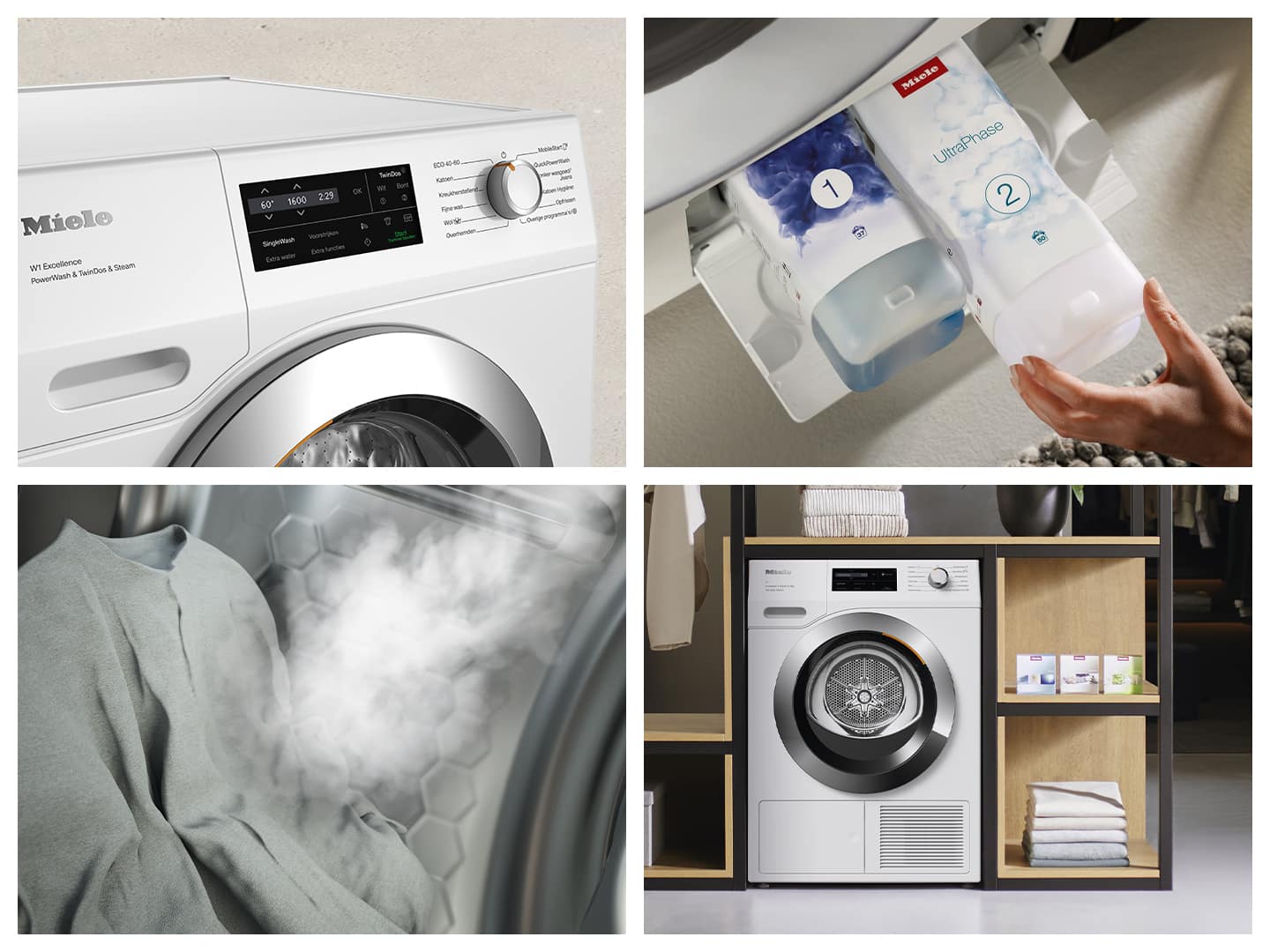 Collage représentant un lave-linge/sèche-linge Miele : panneau de commande, cartouches de lessive TwinDos, fonction « Steam Refresh », appareil posé sur une étagère.