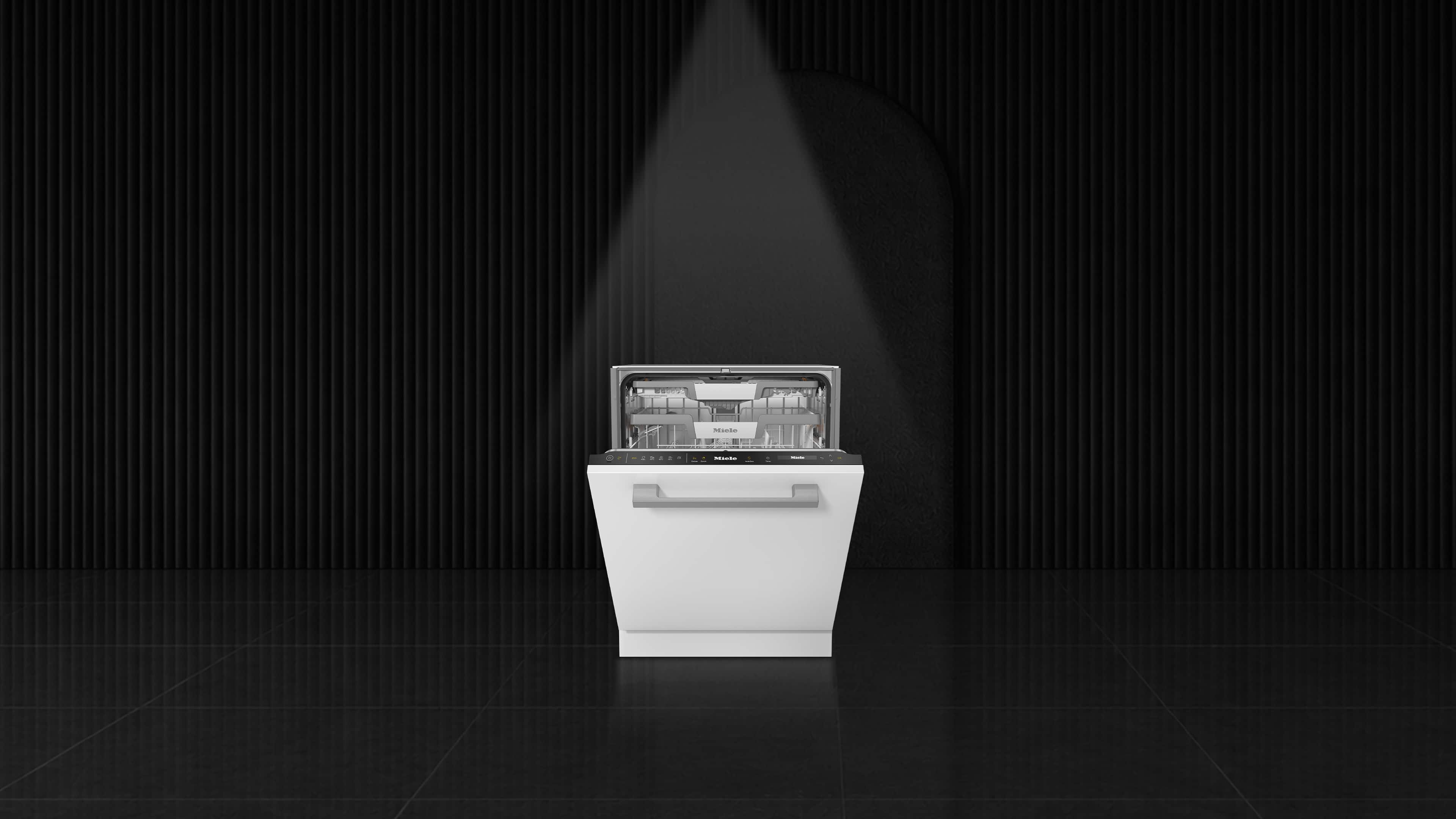 Sleek white Miele dishwasher under a spotlight in a dark modern room, door open with visible racks and controls. Sleek white Miele dishwasher under a spotlight in a dark modern room, door open with visible racks and controls.