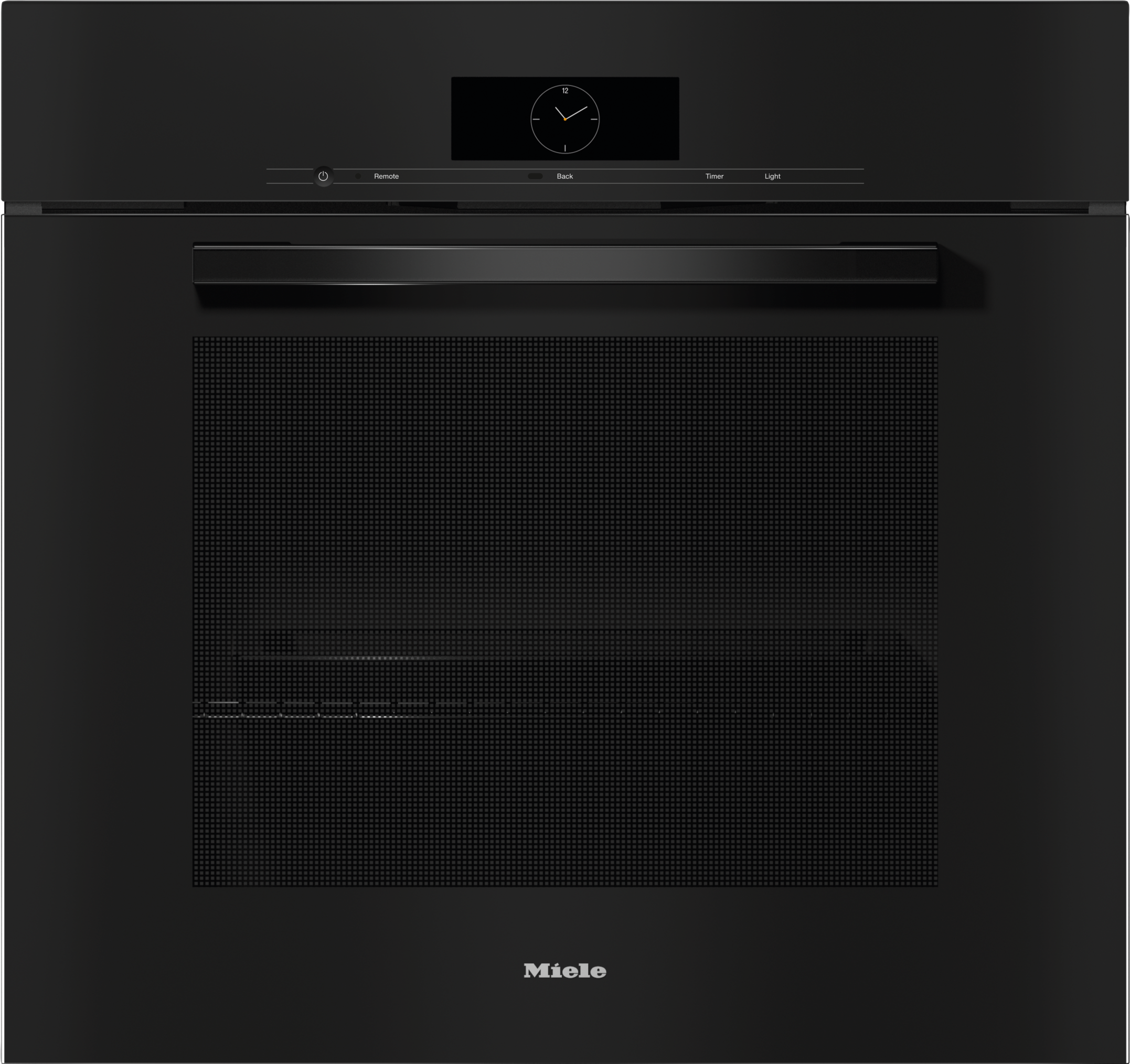 Vista frontal de um elegante forno embutido preto com janela perfurada na porta e um pequeno painel de display digital na parte superior. Vista frontal de um elegante forno embutido preto com janela perfurada na porta e um pequeno painel de display digital na parte superior.