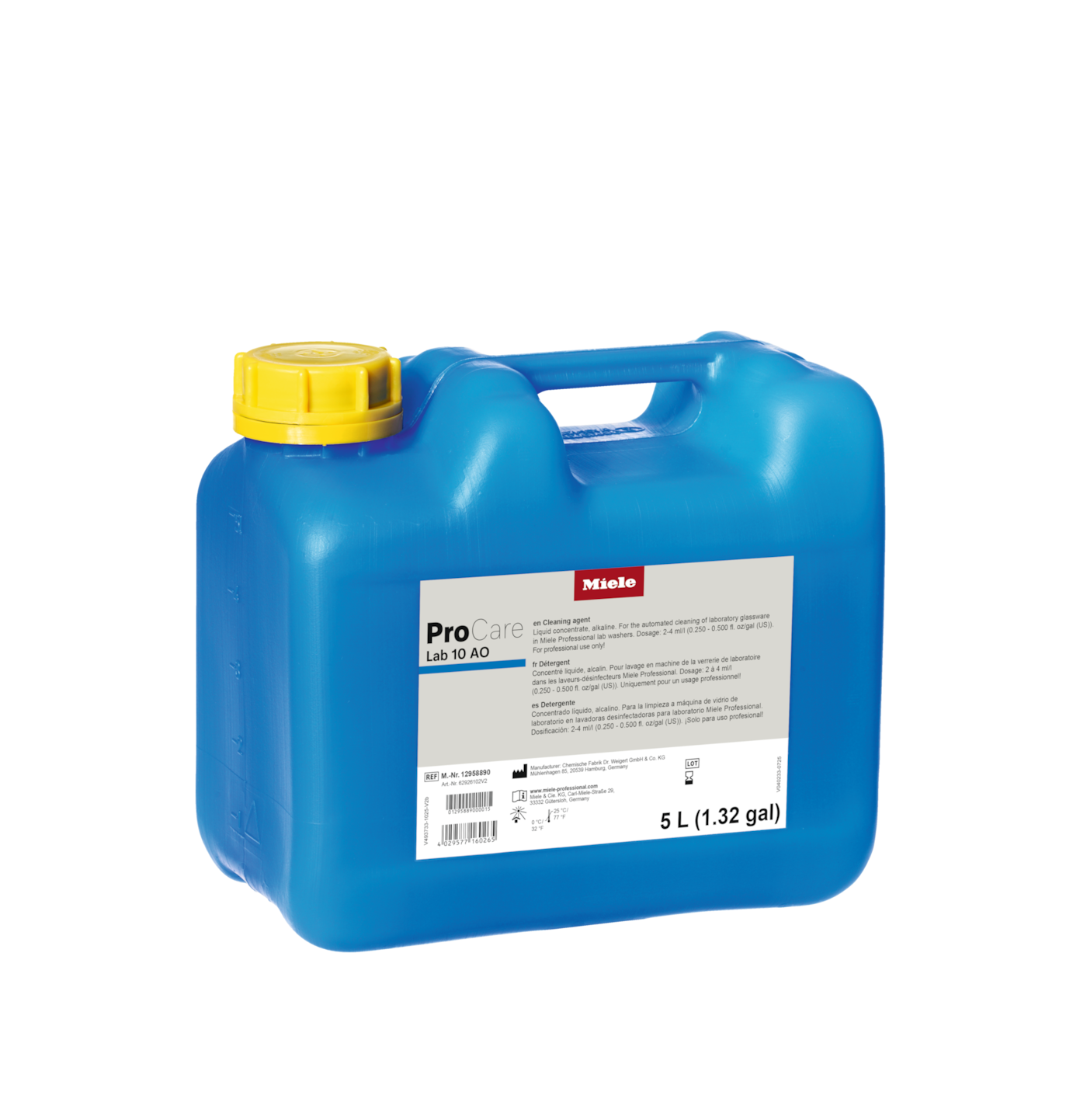 Blue 5-liter Miele ProCare Lab 10 AO cleaning agent canister with yellow cap and handle, product label visible.