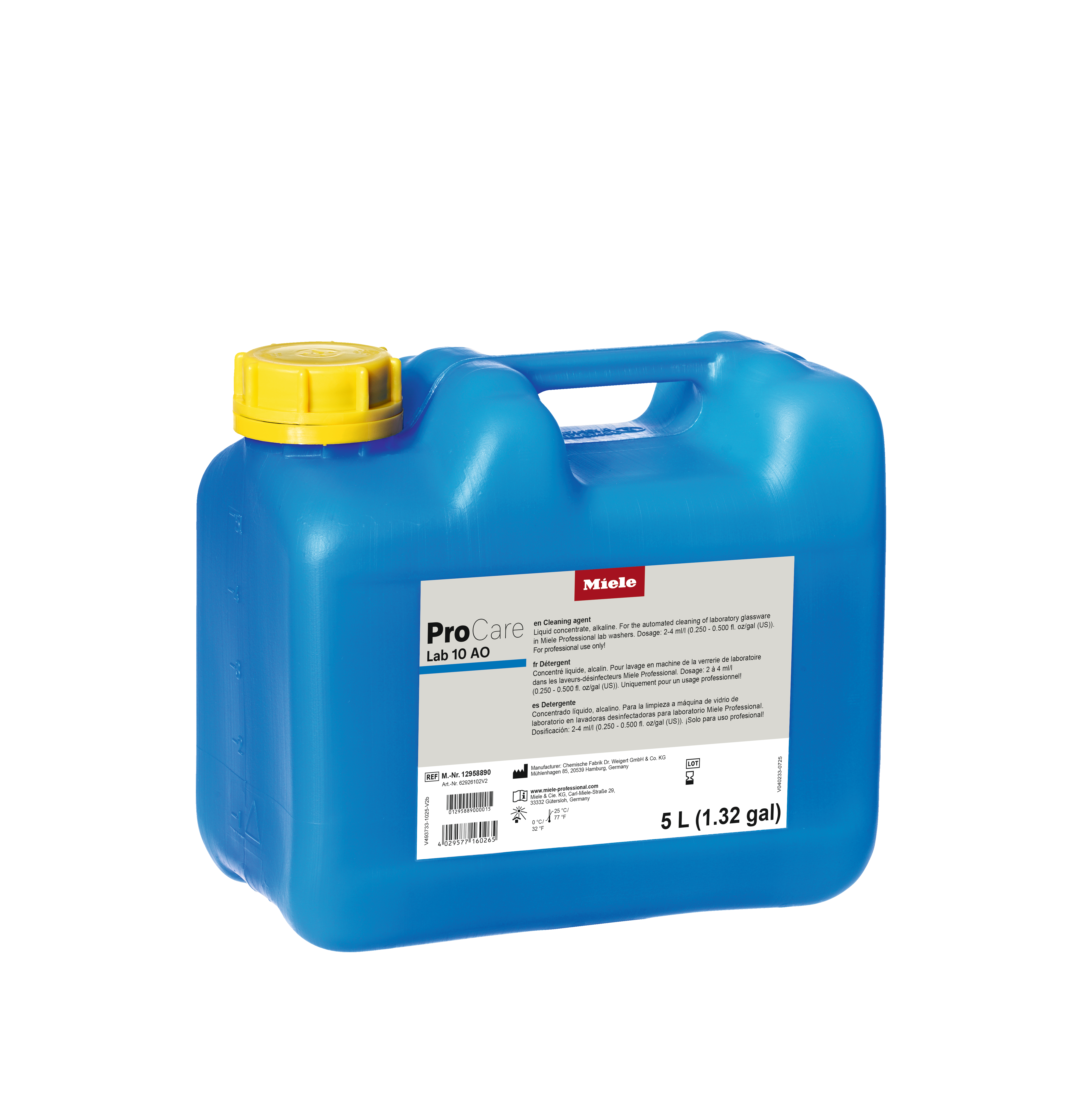 Blue 5-liter Miele ProCare Lab 10 AO cleaning agent canister with yellow cap and handle, product label visible.