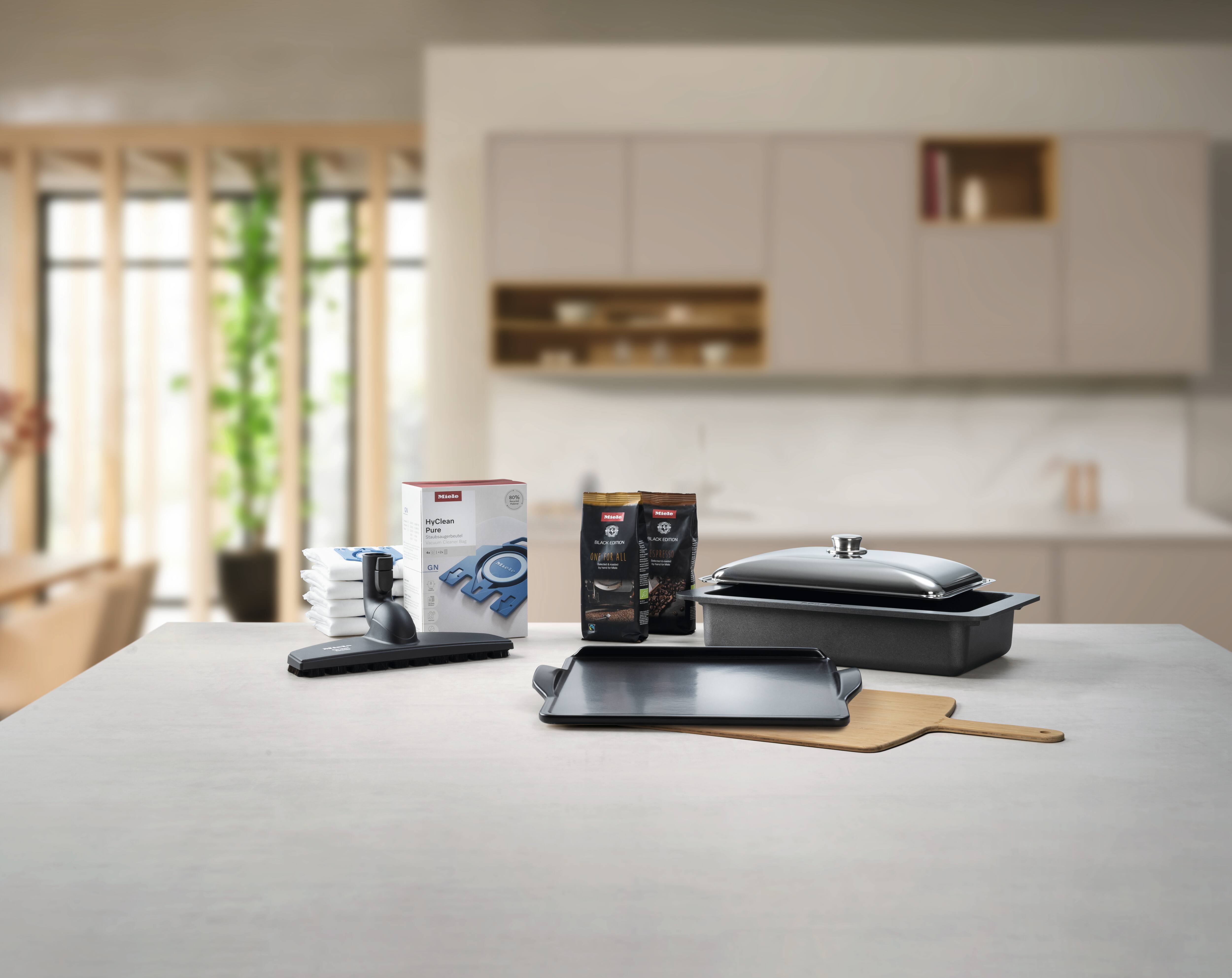 Assorted Miele accessories on a kitchen counter