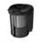 Black transparent vacuum cleaner dustbin canister with top locking lid, internal filter, and MAX fill line, isolated on white.