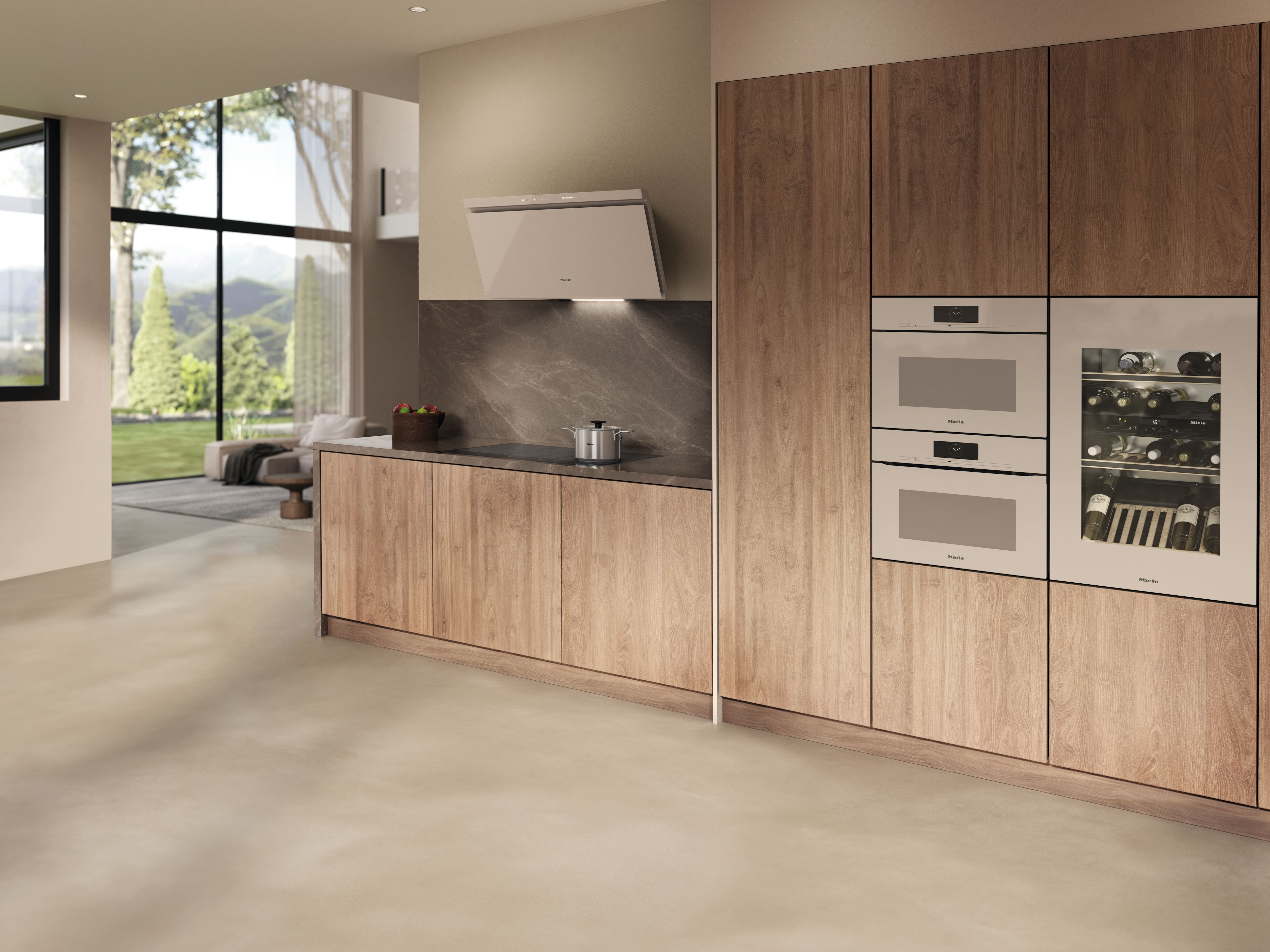 Une cuisine moderne équipée d'appareils électroménagers Miele Pearlbeige. Une cuisine moderne équipée d'appareils électroménagers Miele Pearlbeige.