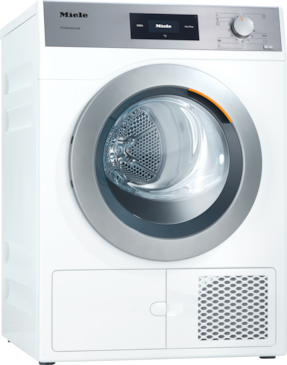 Miele front-loading tumble dryer in white with digital control panel and round glass door