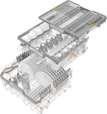 Open dishwasher with three racks loaded with plates, bowls, mugs, and cutlery, showing organized compartments and adjustable trays.