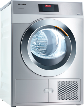 A stainless steel Miele Professional front‑loading tumble dryer with a circular glass door and top control display.
