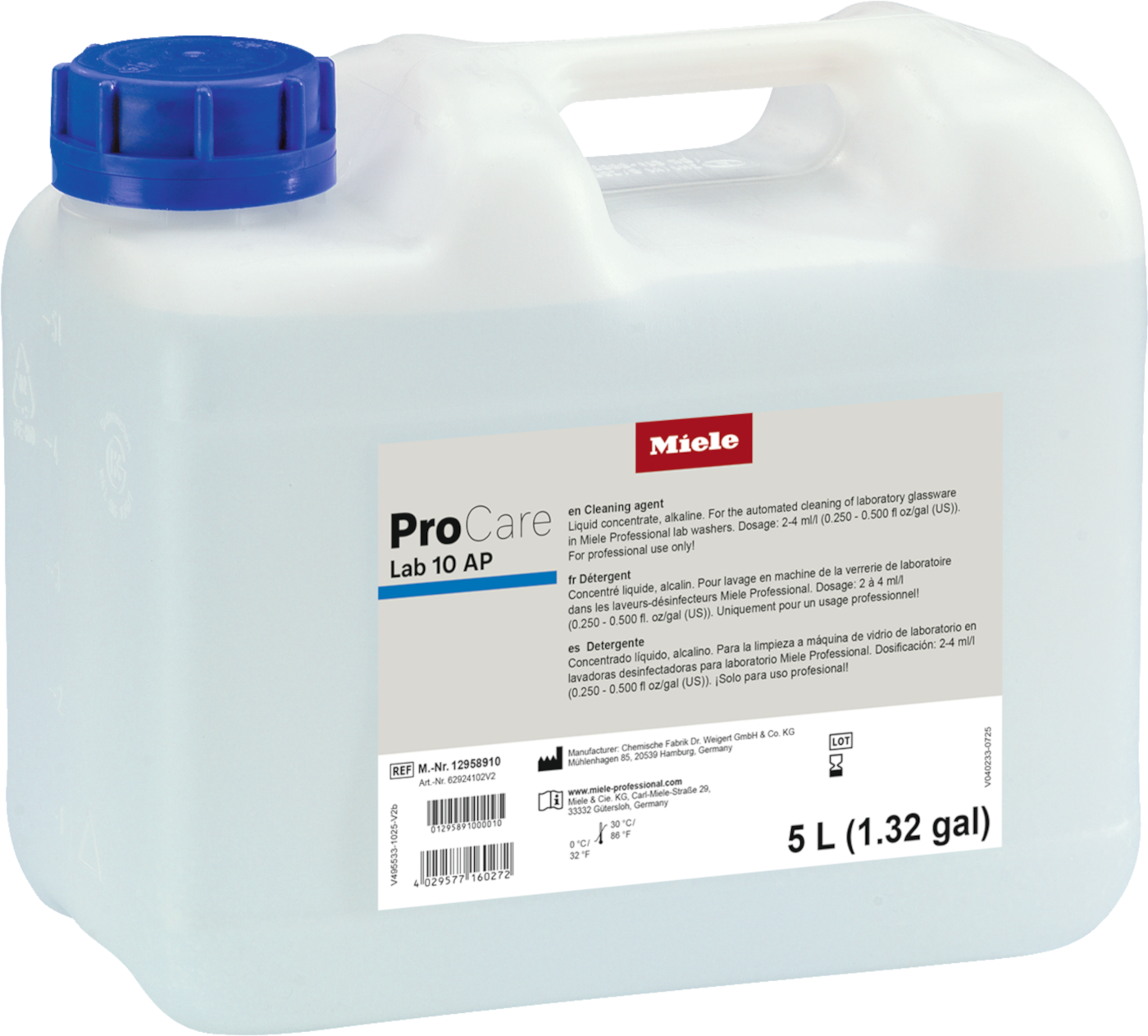 Translucent 5 L jerrycan with blue cap labeled Miele ProCare Lab 10 AP, an alkaline lab glassware cleaning detergent.