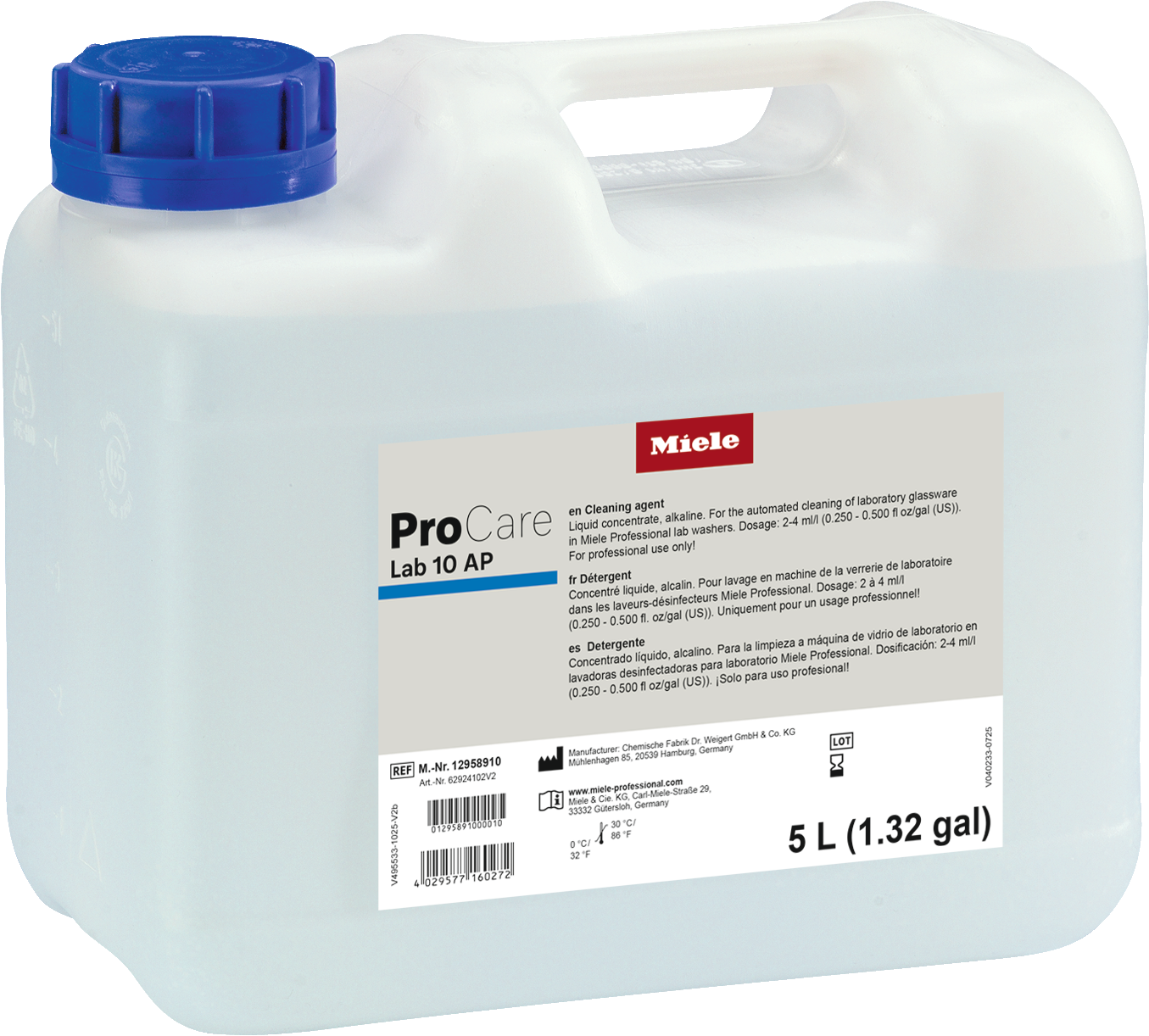 Translucent 5 L jerrycan with blue cap labeled Miele ProCare Lab 10 AP, an alkaline lab glassware cleaning detergent.