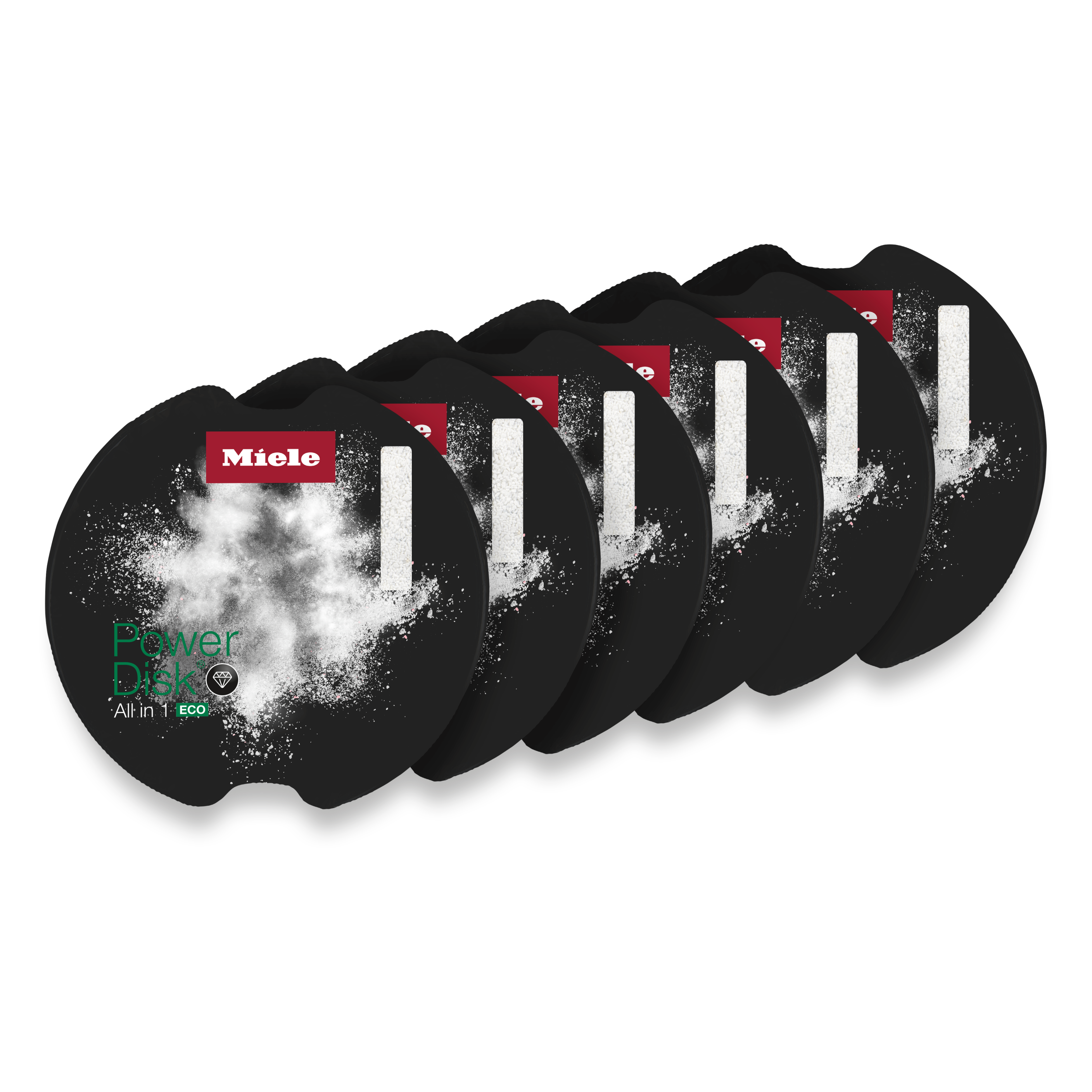 Six disques de détergent pour lave-vaisselle Miele PowerDisk All in 1 Eco, dans un emballage noir, disposés en rangée Six disques de détergent pour lave-vaisselle Miele PowerDisk All in 1 Eco, dans un emballage noir, disposés en rangée