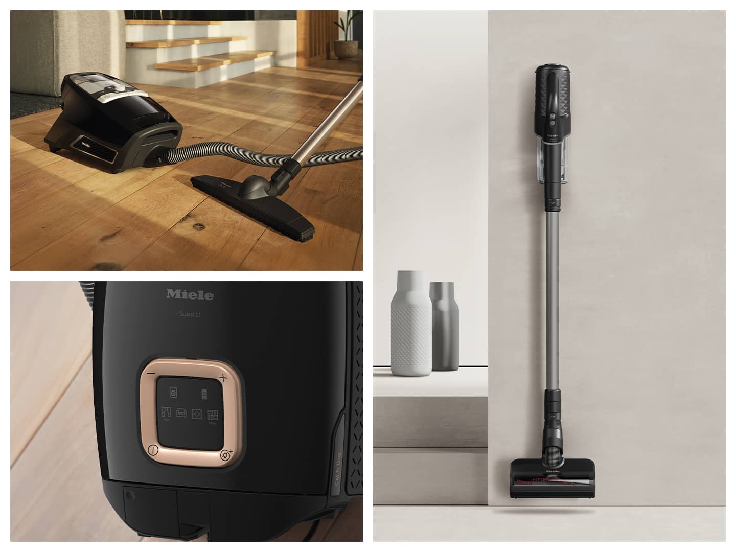 Collage représentant des aspirateurs Miele : un aspirateur-traîneau sur un parquet, un gros plan du panneau de commande et un aspirateur balai fin fixé au mur. Collage représentant des aspirateurs Miele : un aspirateur-traîneau sur un parquet, un gros plan du panneau de commande et un aspirateur balai fin fixé au mur.